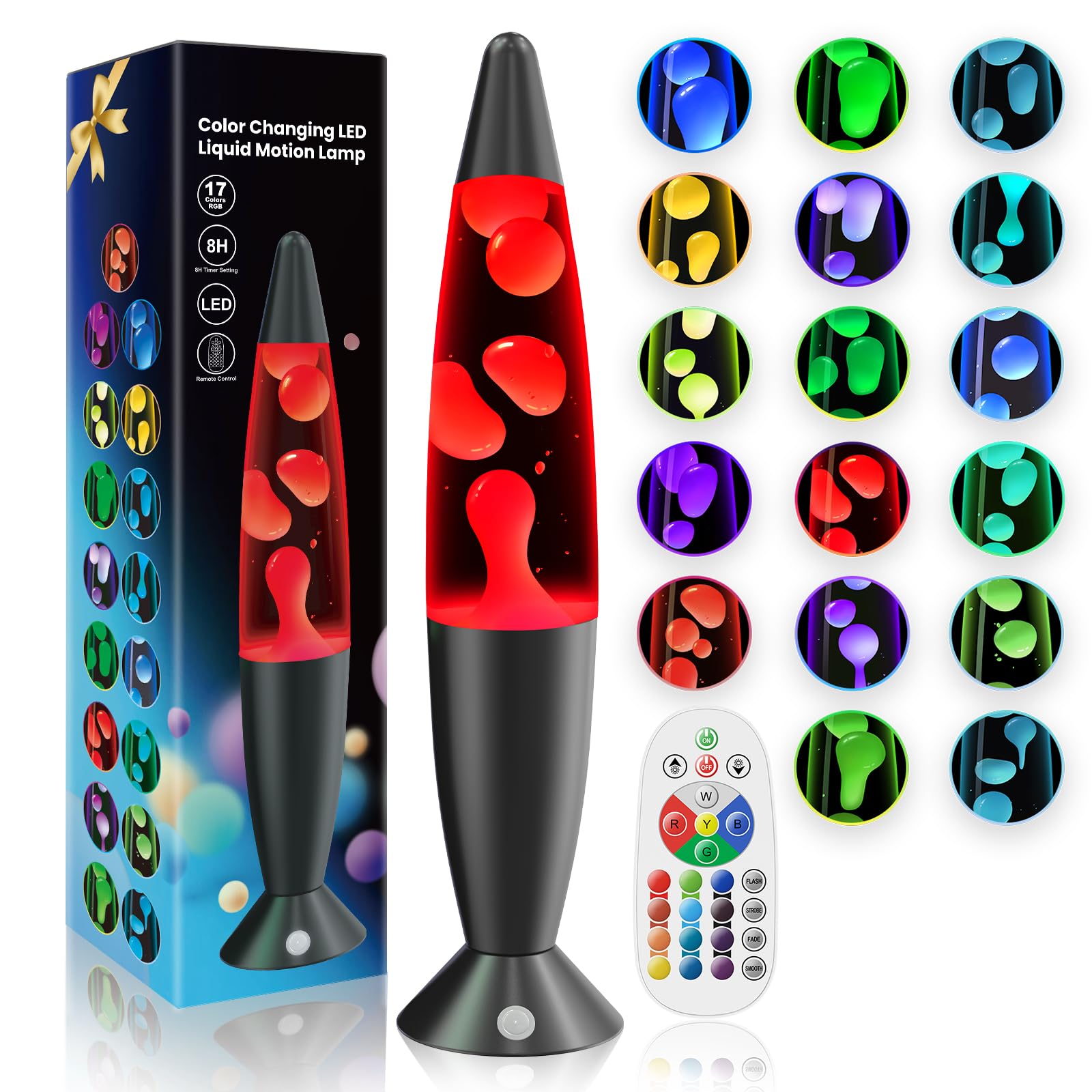 17 Colors LED Liquid Motion Lamps for Kids Adults Bedroom Decor, 13.5 Inch Multi Color Changing Table Lamp Small Black Red Green Blue Blue Pink Purple Relax Night Light with 8H Timing