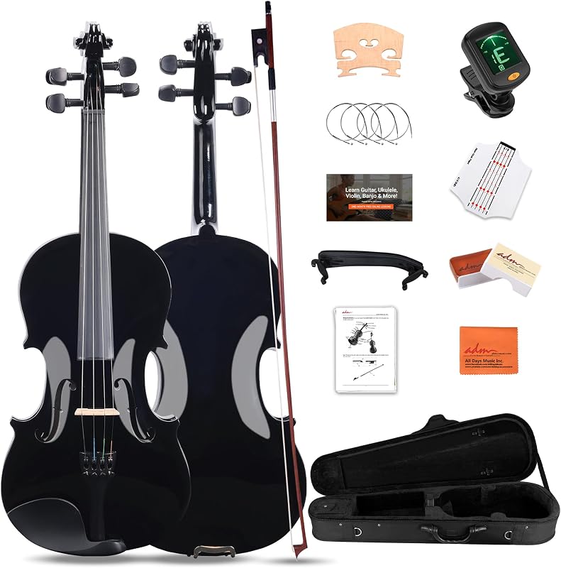 ADM Acoustic Violin for Kids Beginners, 4/4 Full Size Acoustic Violin Fiddle for Teens Students Violin Starter Kit with Hard Case, E-Tuner, Rosin, Shoulder Rest, Bow, Strings, Free Lessons, Black