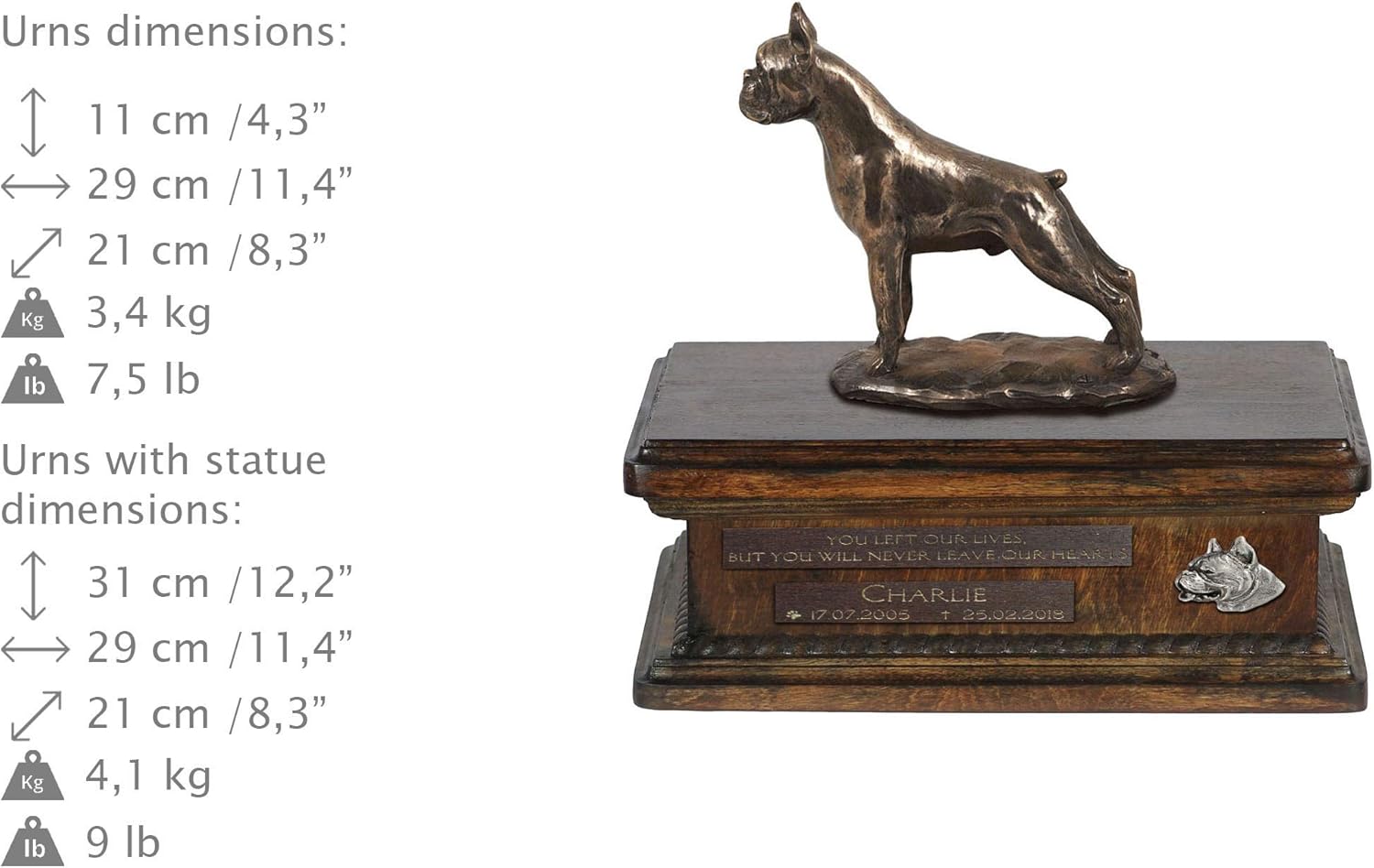 Art-Dog Custom Dog Sitting Statue Memorial Urn - Handmade Cold Cast Bronze on Birch Base – Sturdy and Stylish Urn for Dog’s Ashes – 8.3x11.4x8.7 – 5l – Boxer
