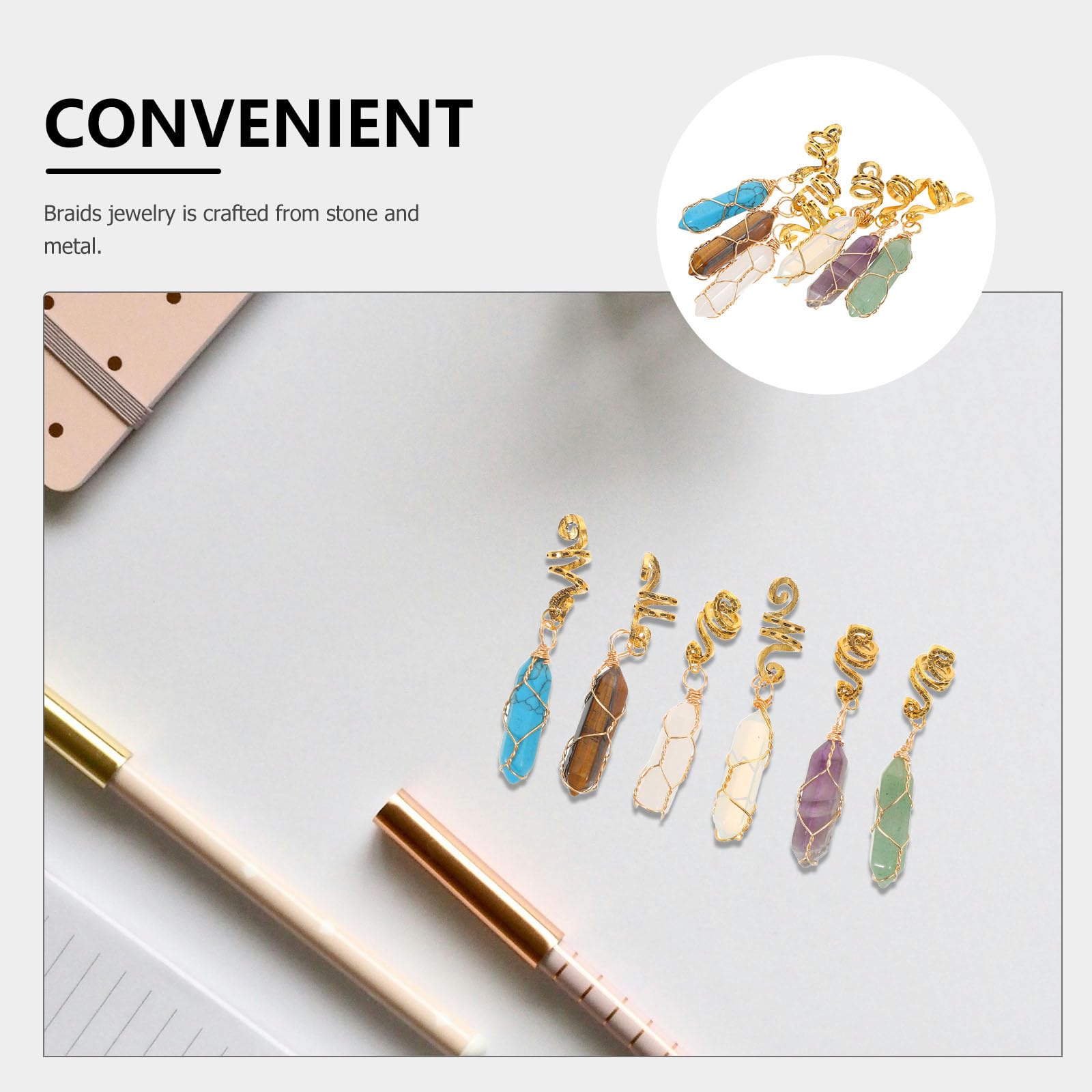 Dijes de Piedra Hexagonal Cabello, 6 Piezas, Metal