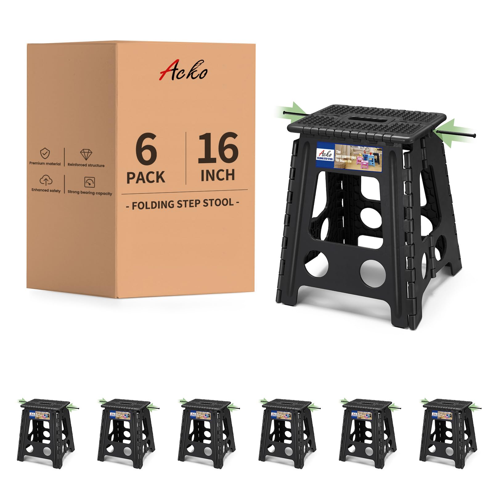 ACKO 16" 6 Pack Folding Step Stool, Safety Lock, Holds 400 lbs, Dot Black