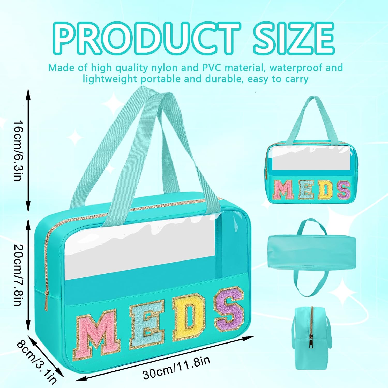Iqimott Clear Patch Letter Bag Medicine Drugs Makeup Bag with Handle, Travel Chenille Letter Pouch Cosmetic Bag for Women Girls, Waterproof Nylon PVC Zipper Toiletry Meds Storage Bag(Green, MEDS)