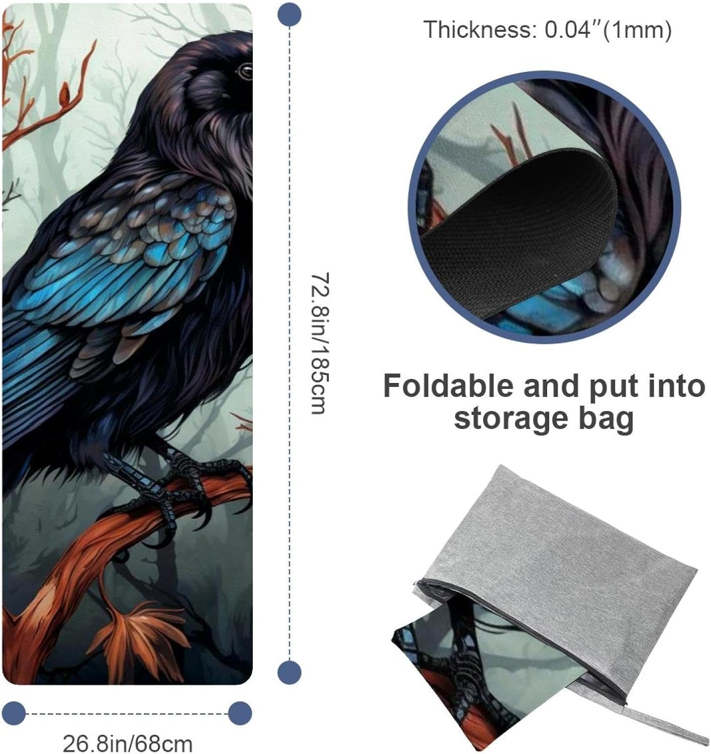 Yoga Towel, Black Crow Pattern Non Slip Sweat Absorbent Hot Yoga Mat Towel for Hot Yoga, Pilates and Fitness - 72.8" x 26.8"