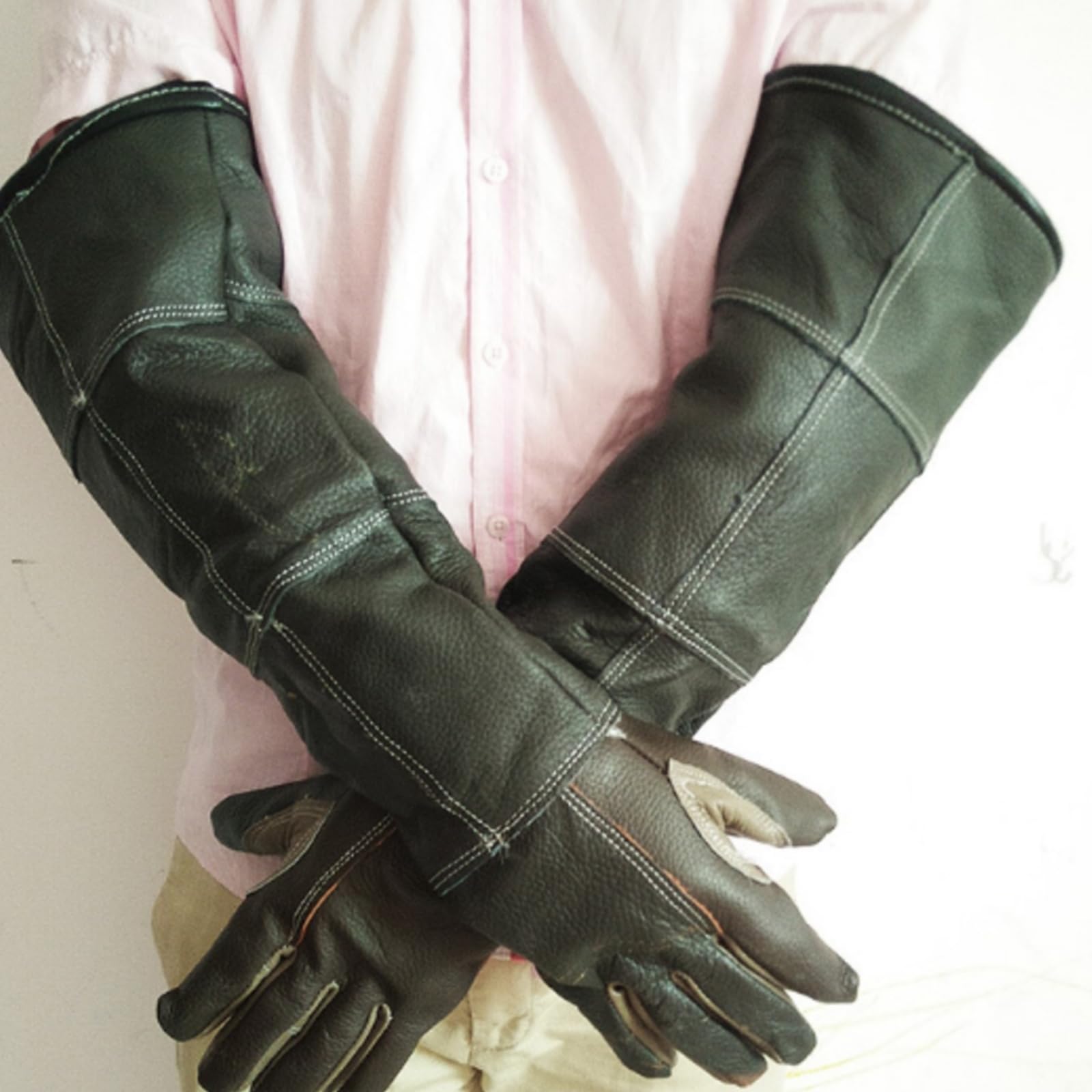 Rindshaut-Schutzhandschuhe mit 60 cm Manschette Bissicher Bissfeste Schutzhandschuhe aus Rinds Kratzfest für Tierpfleger, Tierärzte
