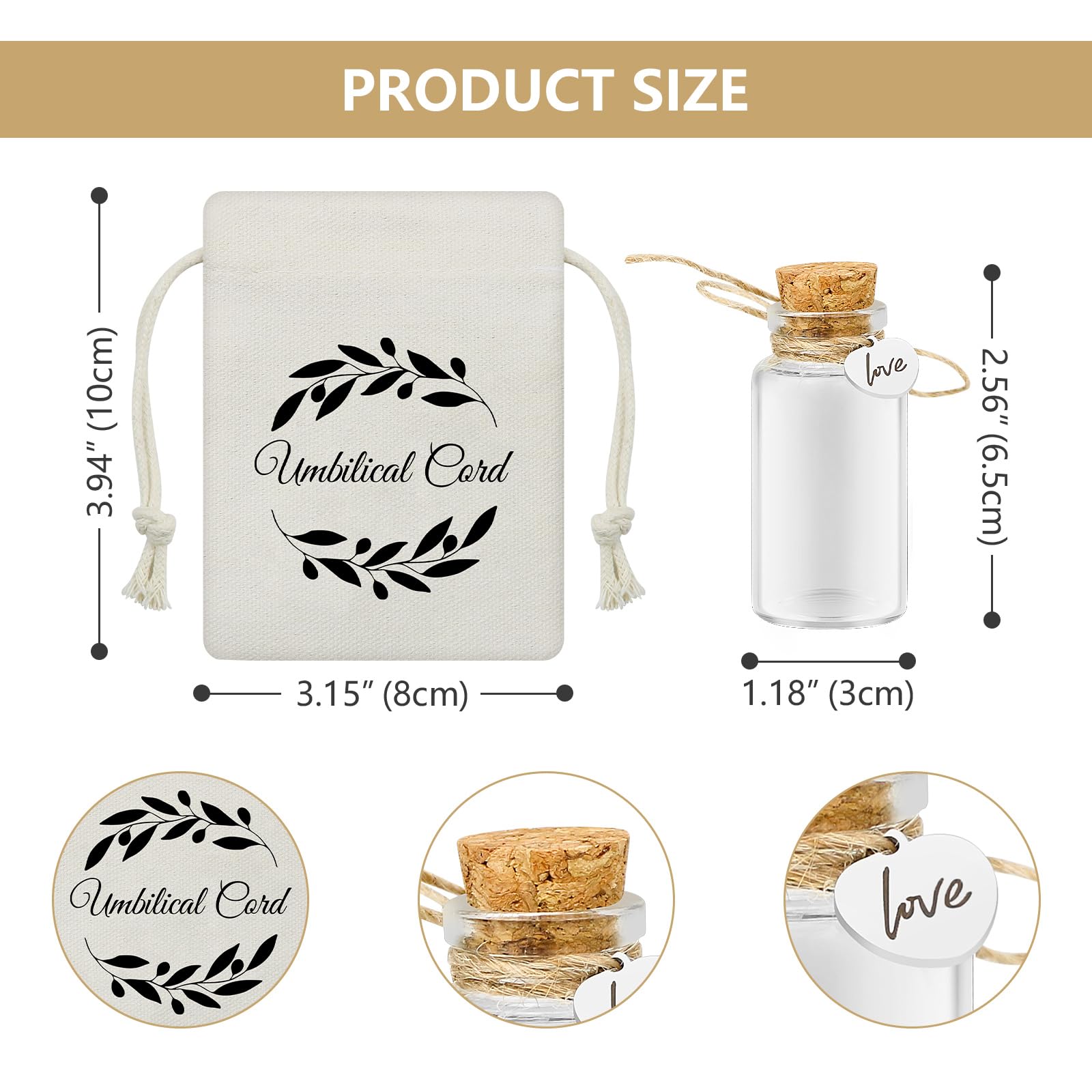 Bouteille souvenir en verre avec bouchon en liège pour cordon ombilical et cheveux fœtaux, pour un baptême, une baby shower ou une fête prénatale. Livrée avec un sac cadeau.