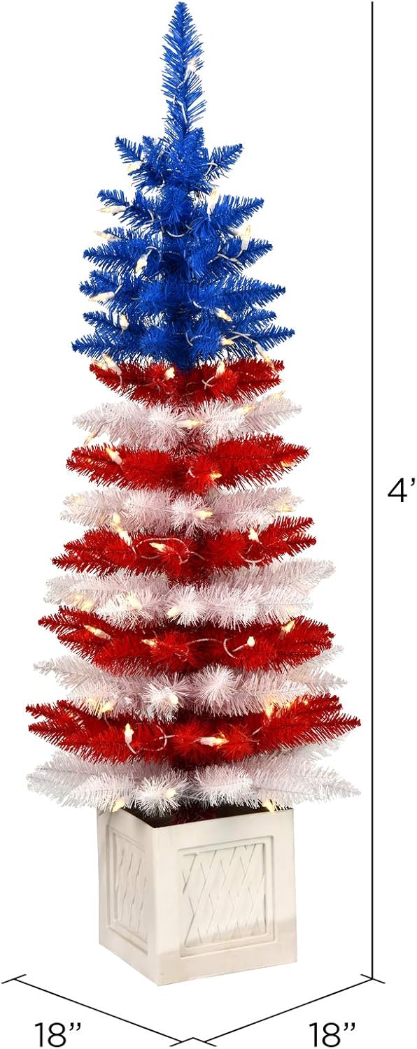 Vickerman 4' Potted Centennial Pine Artificial Christmas Tree, Warm White Dura-Lit® LED Lights - Faux Red White and Blue Christmas Tree in Pot