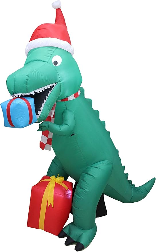 7 Foot Tall Christmas Inflatable Dinosaur with Gift Boxes Cute Lights Lighted Blowup Party Decoration for Outdoor Indoor Home Garden Family Prop Yard