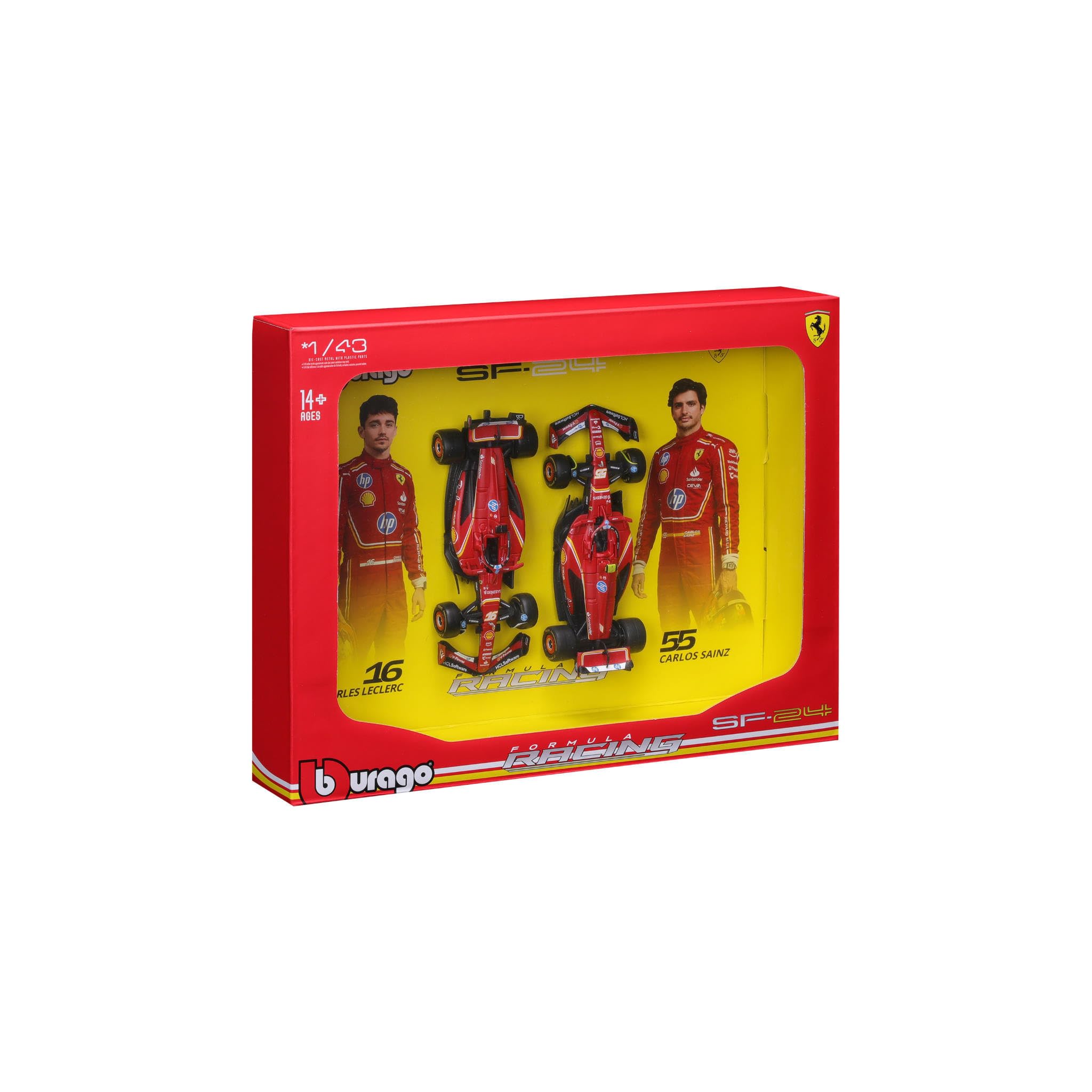 Bburago Ferrari SF-24 F1 Imola Livery 2024 Leclerc #16 and Sainz #55, Set of 2 Diecast Cars in 1:43 Scale, Display Box, Officially Licensed by Ferrari, Recommended Age 14+