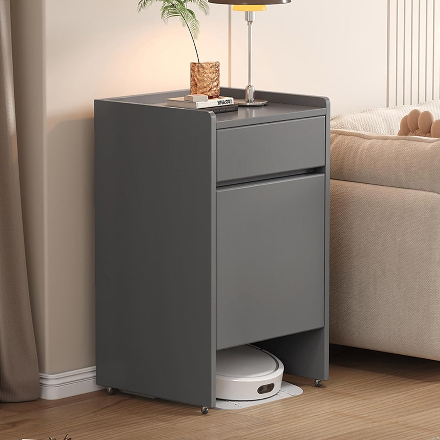 Robot Vacuum Cleaner Storage Cabinet - Freestanding Wood Rack with Doors & Drawer, Side Table for Sweeping Robot - Gray, W17.7 xD19.7 xH32.7