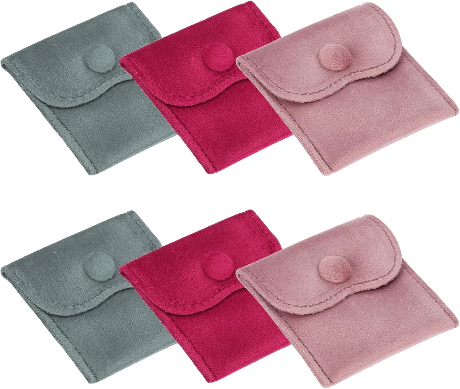 PATIKIL Velvet Jewelry Pouches, 6 Pcs Jewelry Packaging Gift Bags with Snap Button for Bracelet Rings Watch Necklace, (3"x3"/3"x3"/3"x3") Rose Red/Gray/Pink