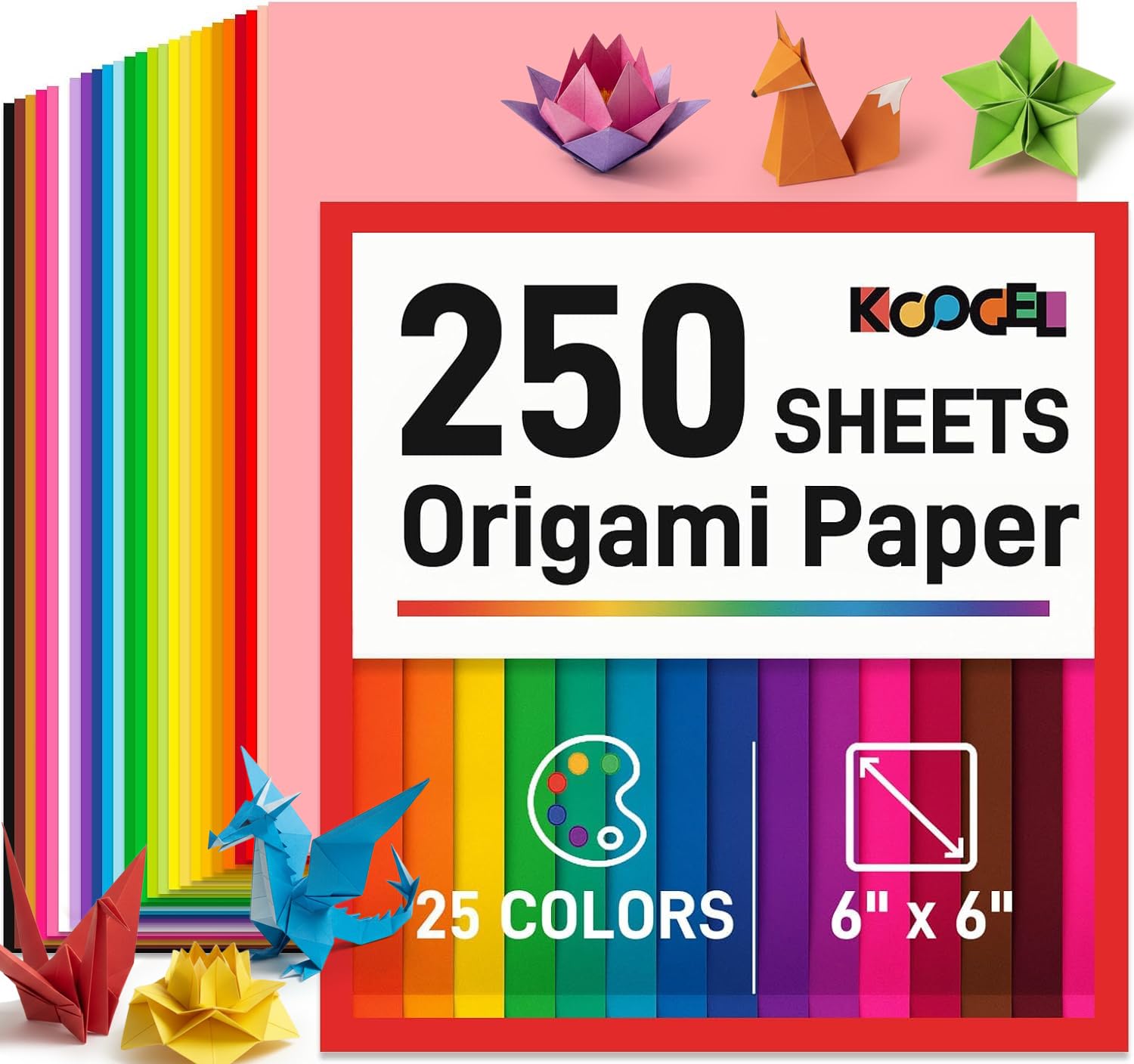 Koogel 250 Sheets 6" X 6" Origami Paper Double Sided Color, 25 Assorted Colors Colored Paper, for Kids Folding Crafting Scrapbooking, Classroom Teacher Supplies, Beginner