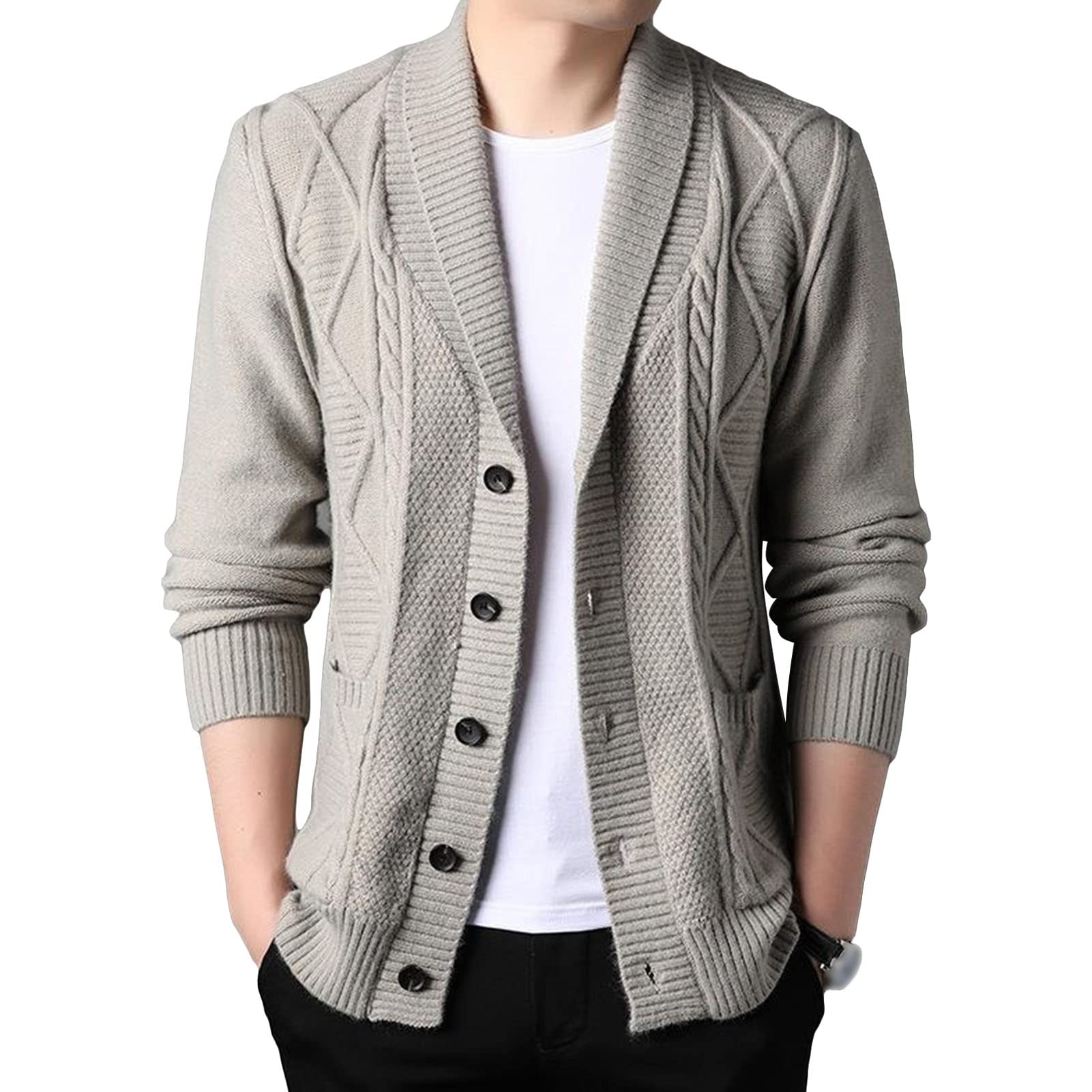 Mens Casual Shawl Collar Cardigan Open Front Ribbed Jackets Outwear Cable Knit Button Up Sweaters With Pockets (Large,Khaki)