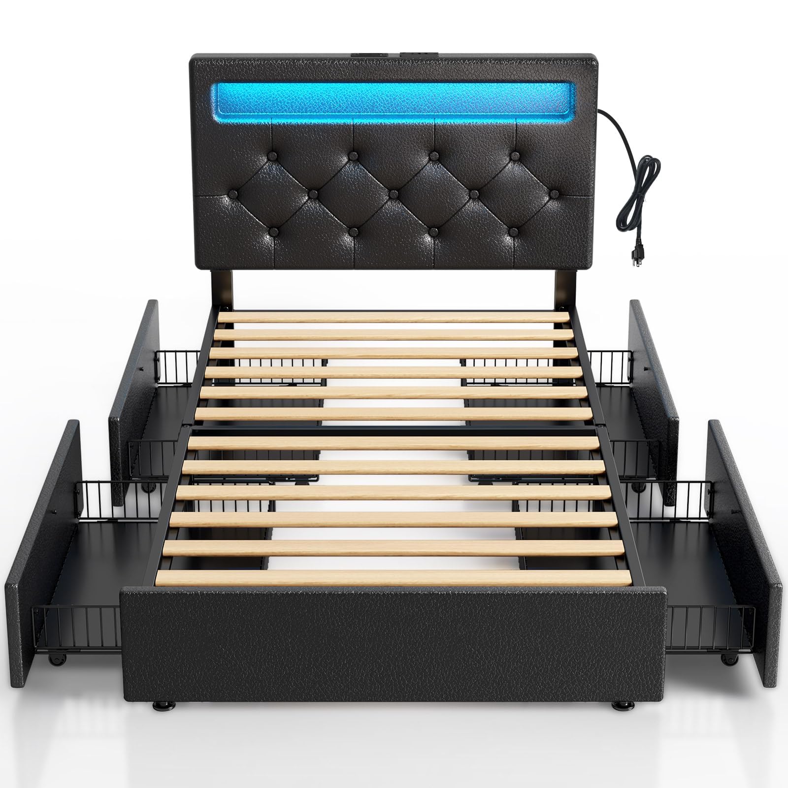 Photo 1 of ***PARTIAL SET - PRICE ADJUSTED***Rolanstar Twin Bed Frame with 4 Drawers and Charging Station,Twin Bed with Led Lights, 2 USB and 1 Type C, Adjustable Upholstered Headboard 38.9/40.8 Inches, Sturdy, No Box Spring Needed, Pure Black