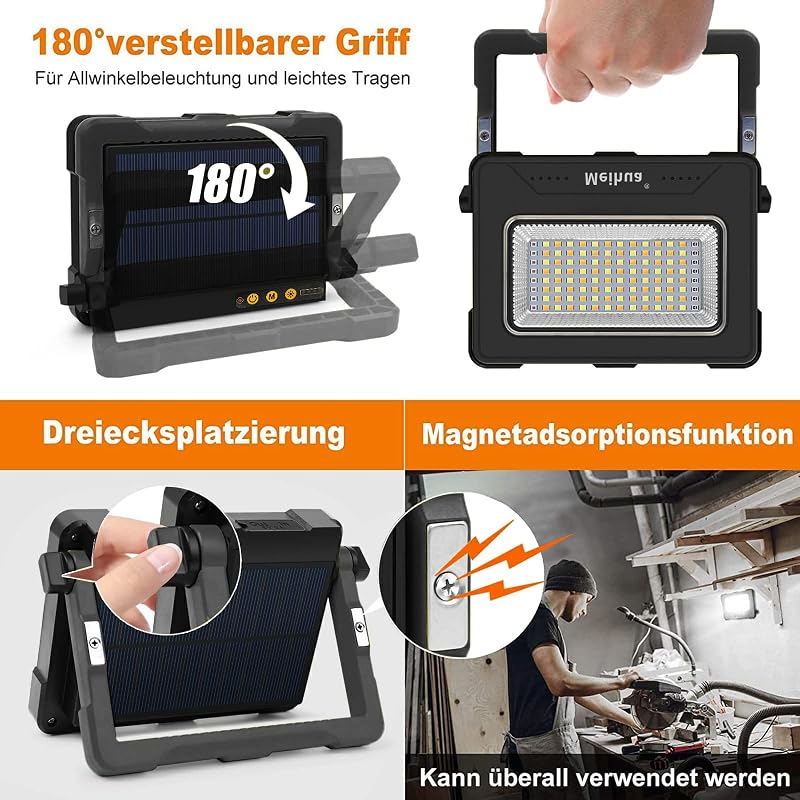 MEIHUA 60W LED Munkalámpa 12000mAh Akkumulátorral - Vízálló, USB Tölthető, Napelemes Kempinglámpa 4 Fénymóddal, Mágneses Rögzítéssel