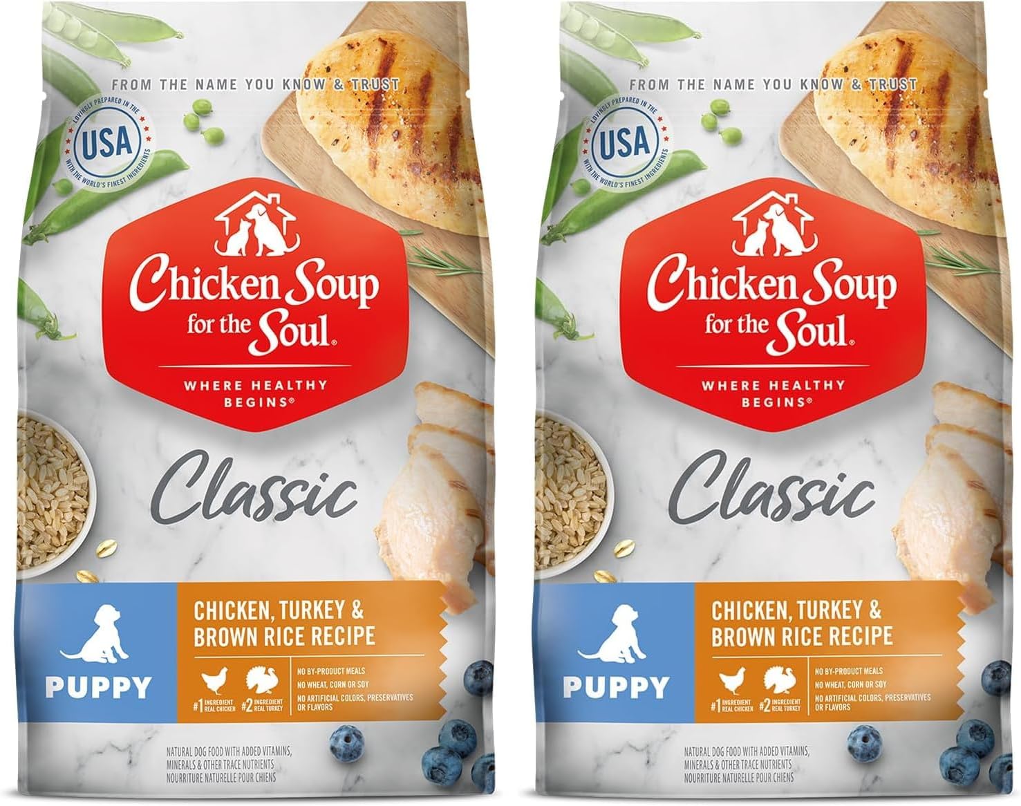 Chicken Soup for the Soul Pet Food Classic Dry Puppy Food, Chicken, Turkey & Brown Rice Recipe, 13.5 Pound Bag | Soy Free, Corn Free, Wheat Free, Dry Dog Food Made with Real Ingredients (Pack of 2)
