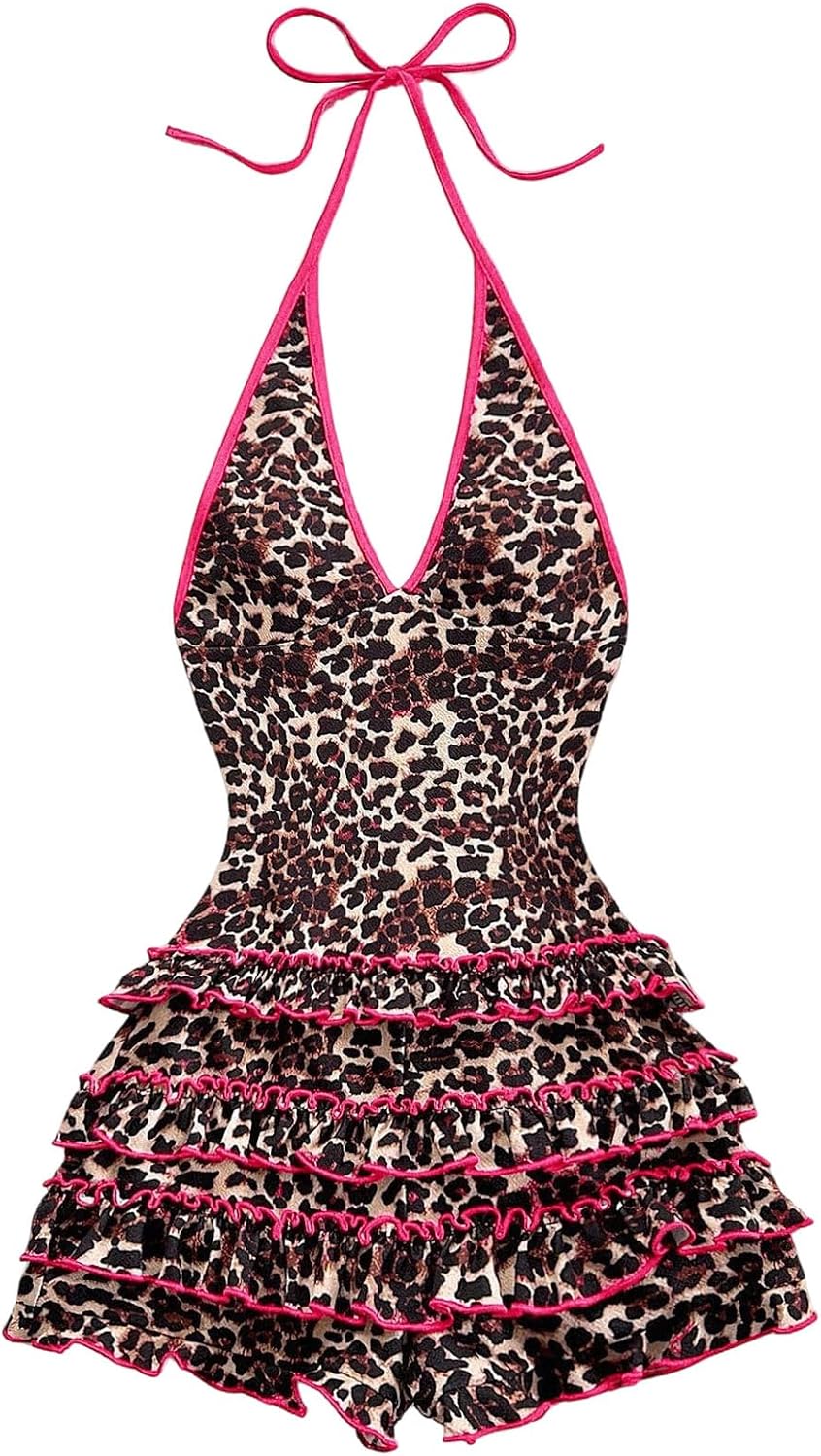 Milumia Women's Leopard Print Sleeveless Halter Romper Y2K Contrast Binding Shorts Jumpsuit