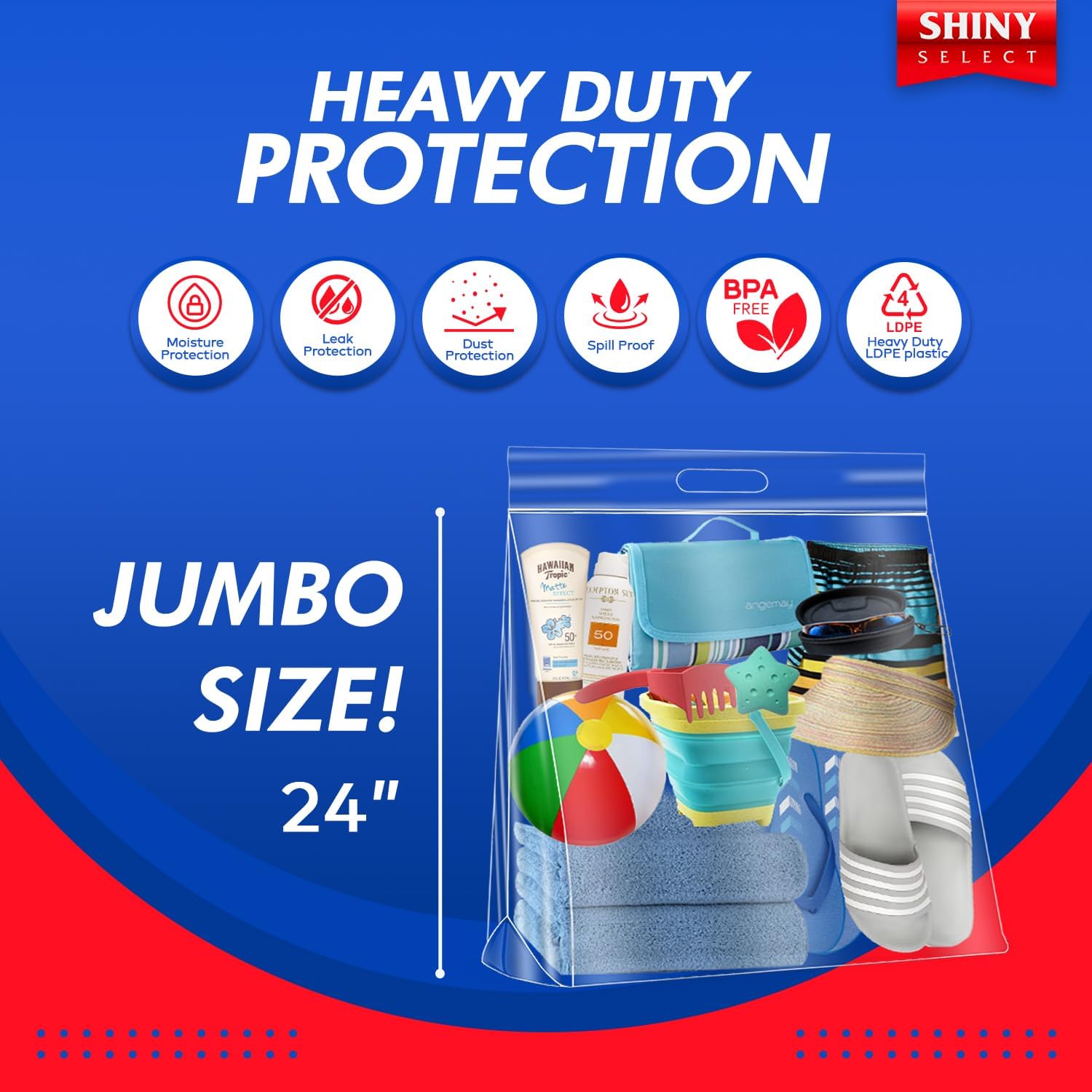 10 Gallon Jumbo Storage Bag w/Handle, Resealable Zipper Top 24x24, 15 Bags – Clear Big Plastic, Extra Large XL, 4 Mil Thick Heavy Duty for Linens, Baby Items, Documents, Sports Equipment