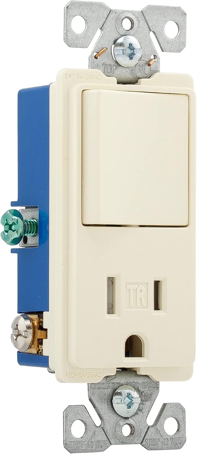 Eaton TR7730A 15-Amp 3-Wire TR Receptacle 120-Volt Decorator Combination Single-Pole Switch with 2-Pole, Almond