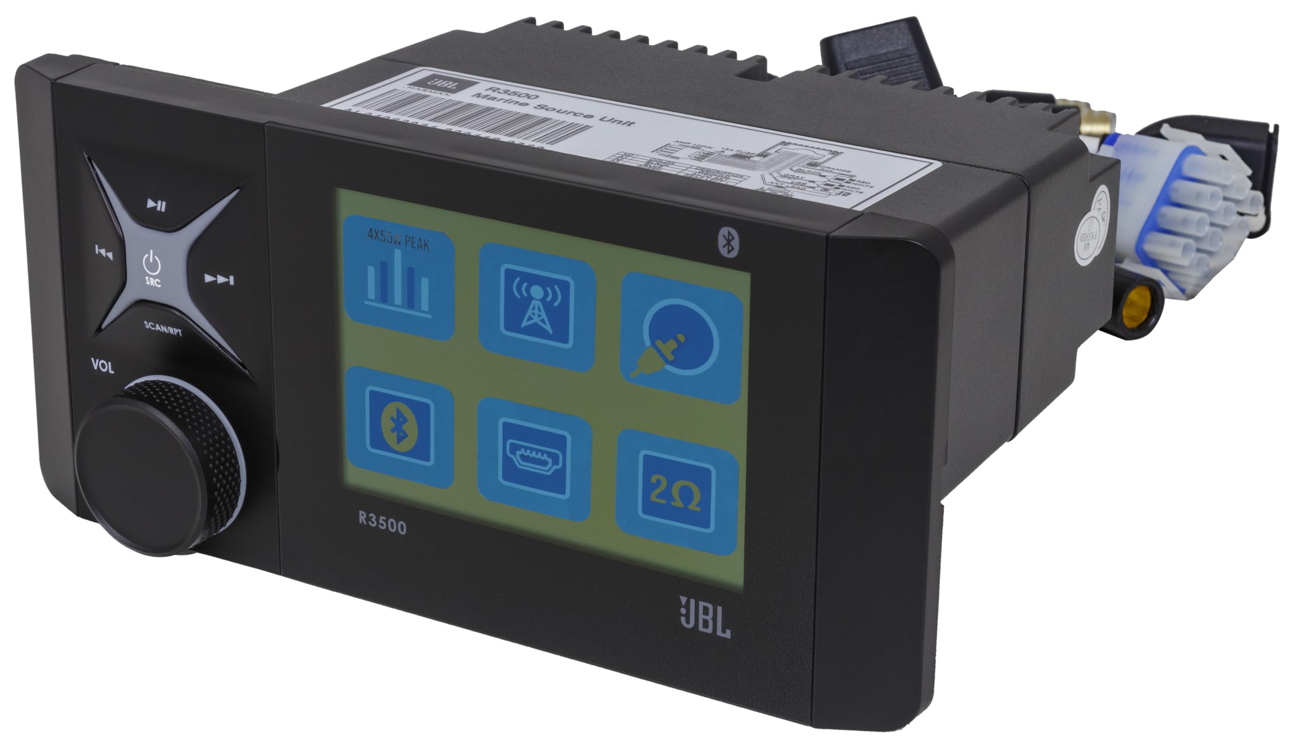 JBL R3500 Wake Series Source Unit - 4 X 55W Peak @ 4ohm Reciever with Bluetooth (5.0), AM/FM/WB, USB Input/Aux Input/Pre-Outs (L&R), Backlit Rotary