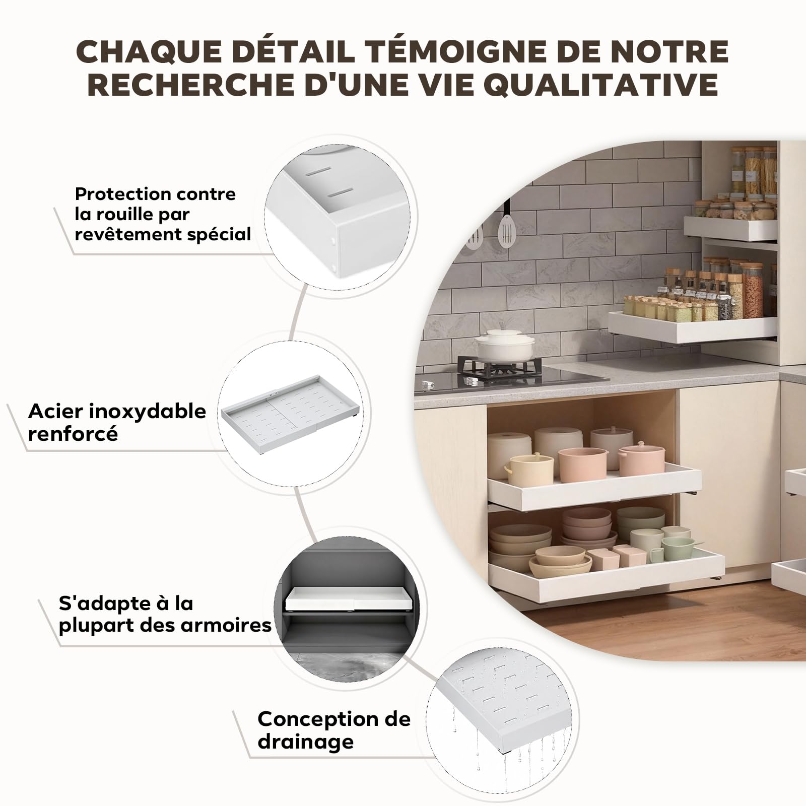 Lot de 2 Organisateur de Placard Extensible Blanc – Largeur Réglable 32-53 cm, Profondeur 42 cm – Tiroir Coulissant Adhésif pour Cuisine, Sans Perçage