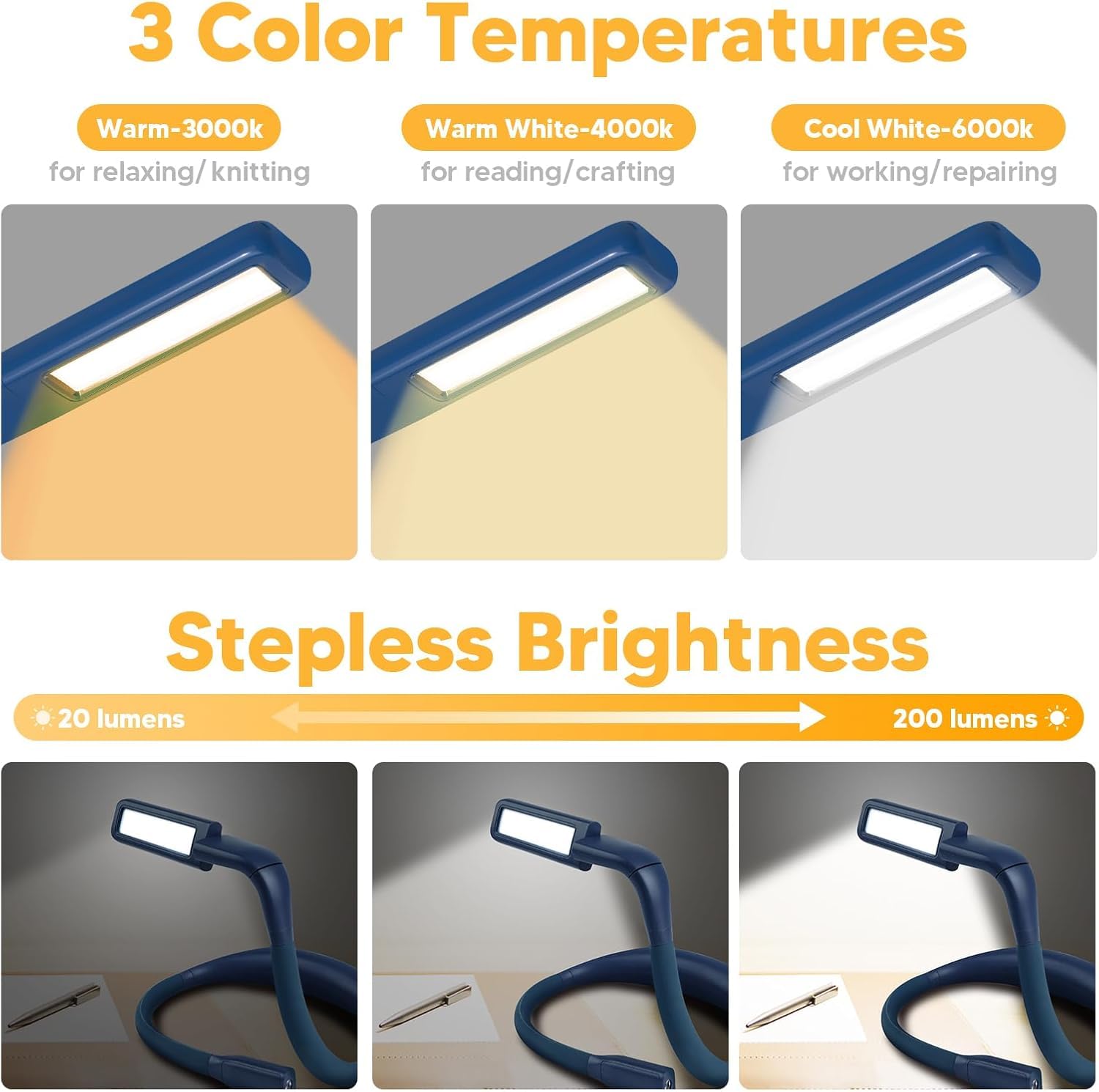 Luz Lectura Libros Cama Lampara - Lampara de Lectura Recargable 3 Colores Protección Ocular Luz Lectura Cuello Flexibles, Lámpara para Leer, Tejer, Coser, Acampar, Regalos para Hombre Mujer Lectores