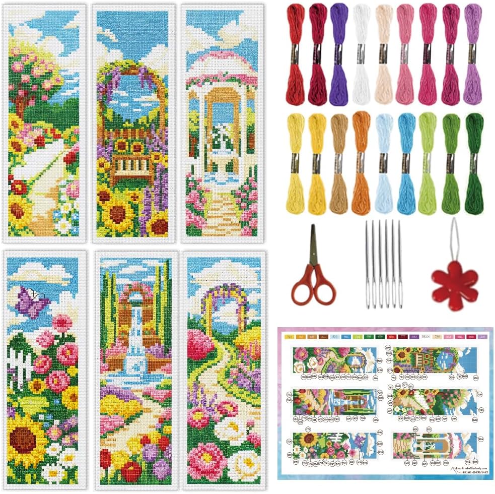 INFUNLY 6pcs Scenery Cross Stitch Bookmark Kit DIY Beach Stamped Embroidery Bookmark Kits 8.7×3.2" Mountain Needlepoint Kit with Instruction Town Easy Cross Stitch Kits for Book Lovers Readers