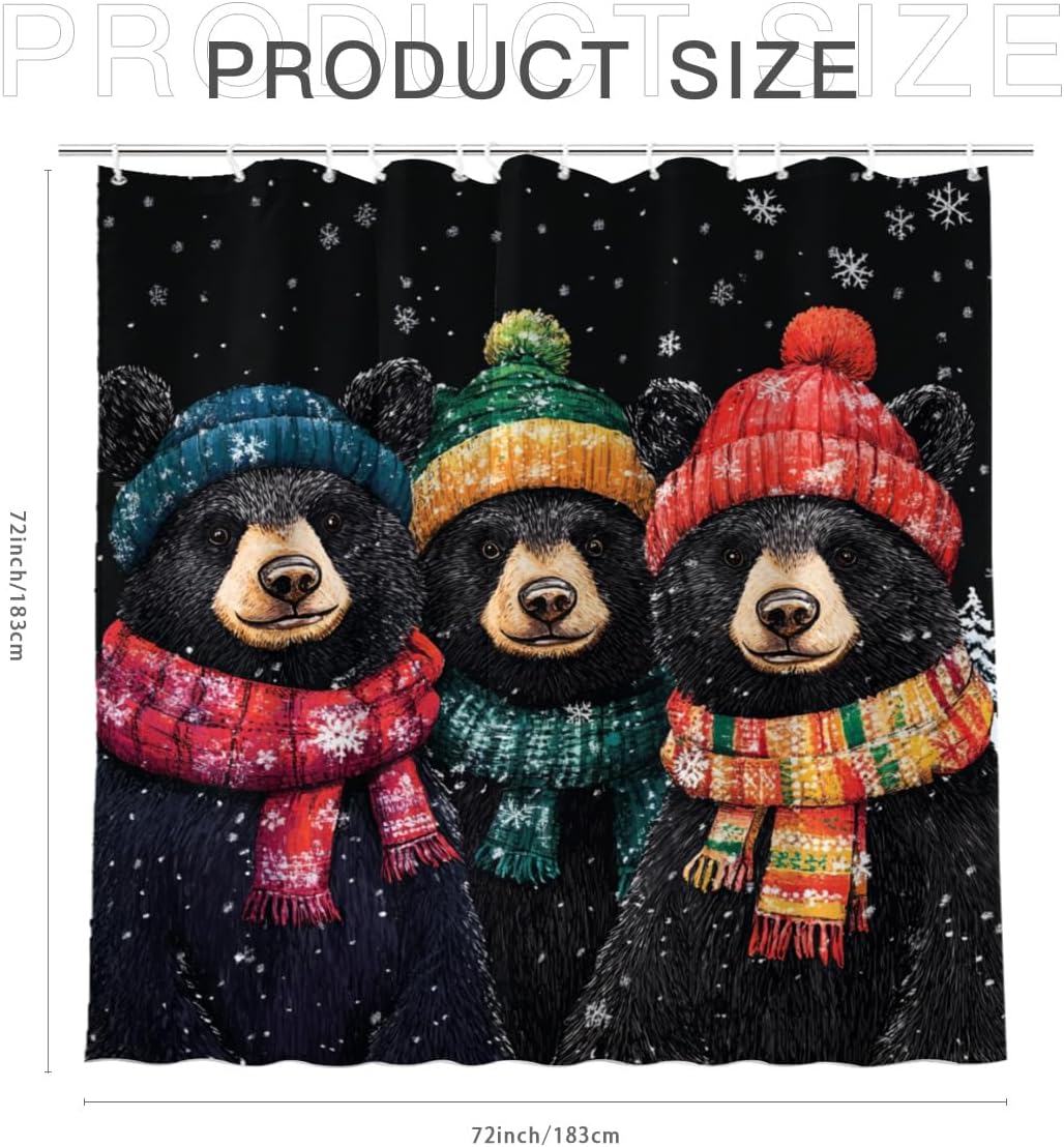 NGZ Winter 72x72 Inches Shower Curtain Christmas Shower Curtain, Cute Black Bear Shower Curtains for Bathroom, Snow Fabric Bath Curtains Set with 12 Hooks
