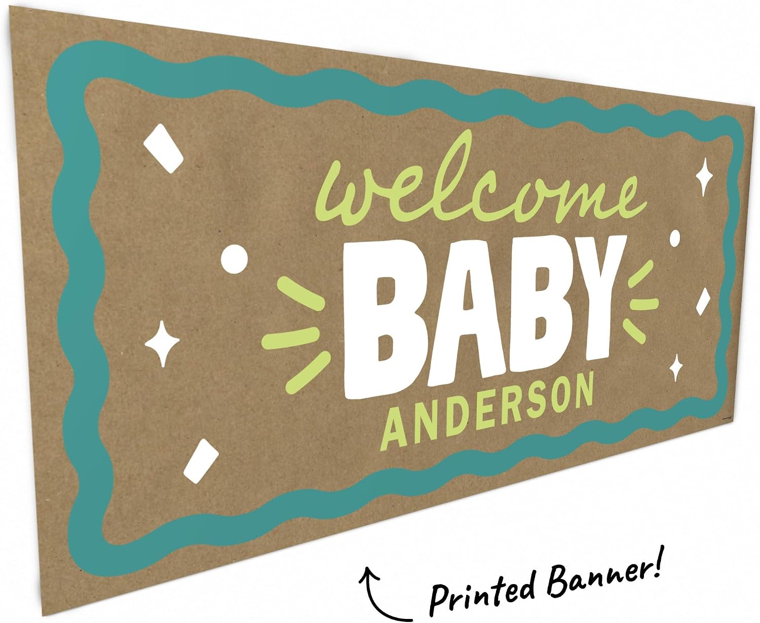 Big Dot of Happiness Light Green and Teal Wavy Personalized Welcome Baby Kraft Paper Banner, Retro Baby Shower Banner Backdrop, Custom Name Printed Brown Paper Party Sign Decoration – 1 Count