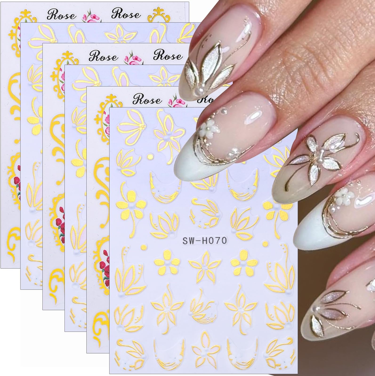 Gold Flower Nail Stickers for Nail Art Flower Nail Decals 3D Self Adhesive Golden Curve Line French Tip Nail Designs White Flower Nail Art Sticker Supplies Spring Nail Decoration for Women 6PCS