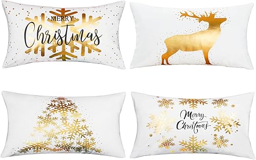 ONWAY Juego de 4 fundas de almohada decorativas de Navidad de 12 x 20 pulgadas, diseño de copos de nieve, renos, decoración dorada para sofá,