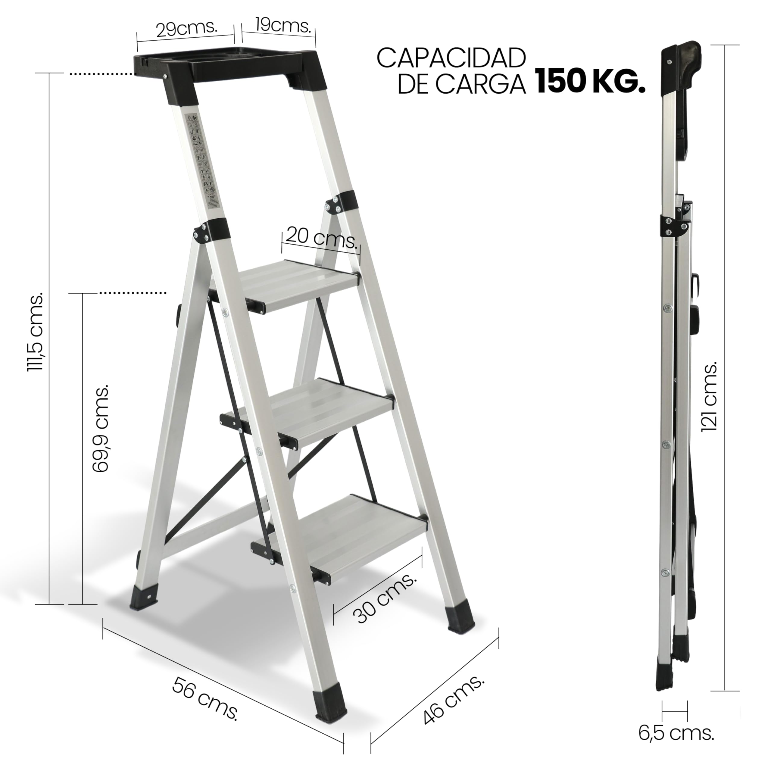 UZIRO Escalera Plegable 3 Peldaños, Aluminio, Peldaños Anchos | Liviana, Porta Herramientas, Peldaños Anchos Antideslizantes, Compacta, Fácil de Utilizar