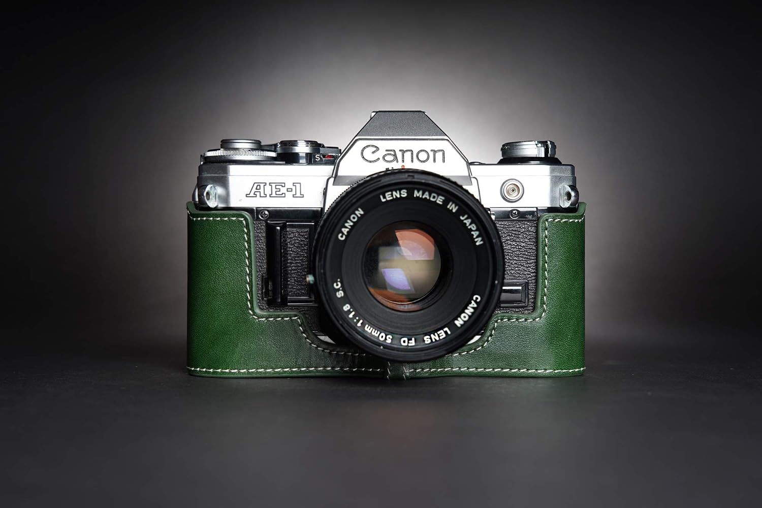 A-1 Case, BolinUS Handmade Genuine Real Leather Half Camera Case Bag Cover for Canon AE-1 A-1 (NO Handle) Camera with Hand Strap (Green)