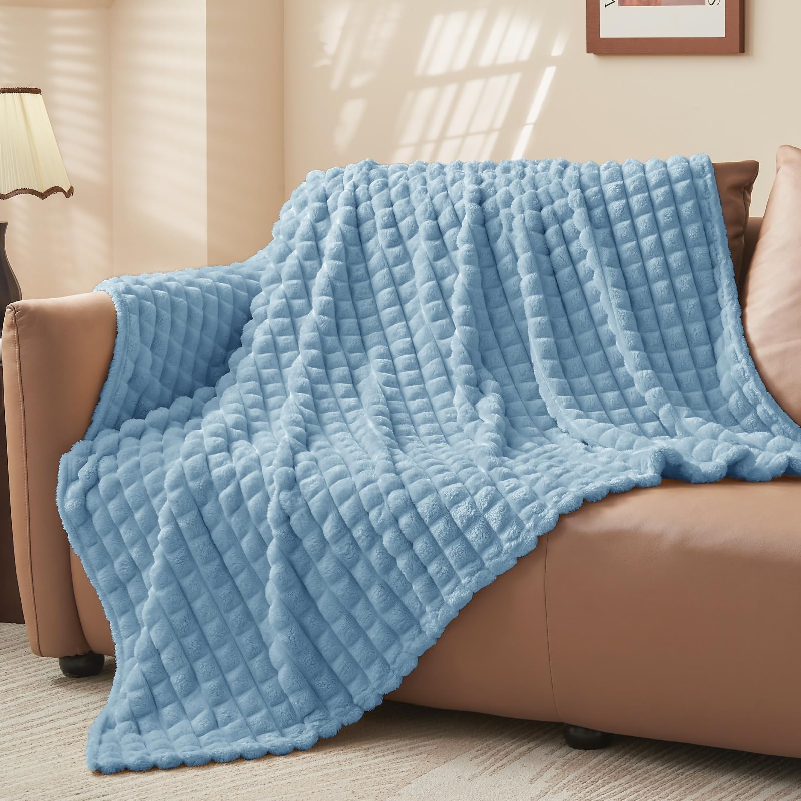 Bedelite Women's Light Blue Fluffy Fleece Twin Blanket - Couch Throw Checkered Design Soft Cosy Warm Blankets For Double Bed, Gifts For