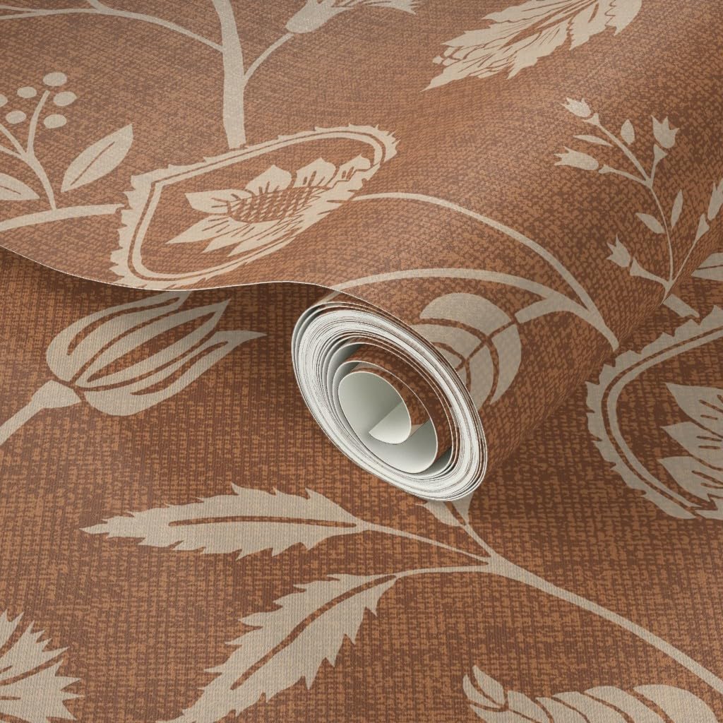 Peel & Stick Wallpaper 3ft x 2ft - Chintz Floral Block Print Earth Tone Terra Cotta Rust Traditional Large Scale Rustic Farmhouse Warm Custom Removable Wallpaper by Spoonflower