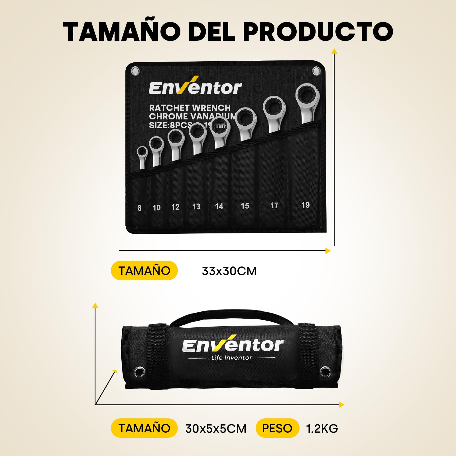 Enventor Llaves Fijas con Carraca de 8 Piezas, Juego de Llaves Combinadas con Carraca Métrico 8mm a 19mm, Acero Cromo Vanadio, 72 Dientes, Cabezal Fijo, Arco de Giro de 5°, Bolsa