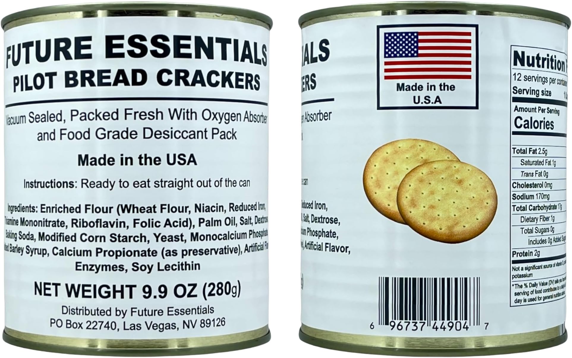 Future Essentials Sailor Pilot Bread Survival Crackers – 30-Year Shelf Life Ready to Eat Hardtack Biscuits in #2.5 Can – Made in the USA Emergency Food Supply – 12 Crackers per Can, Pack of 2