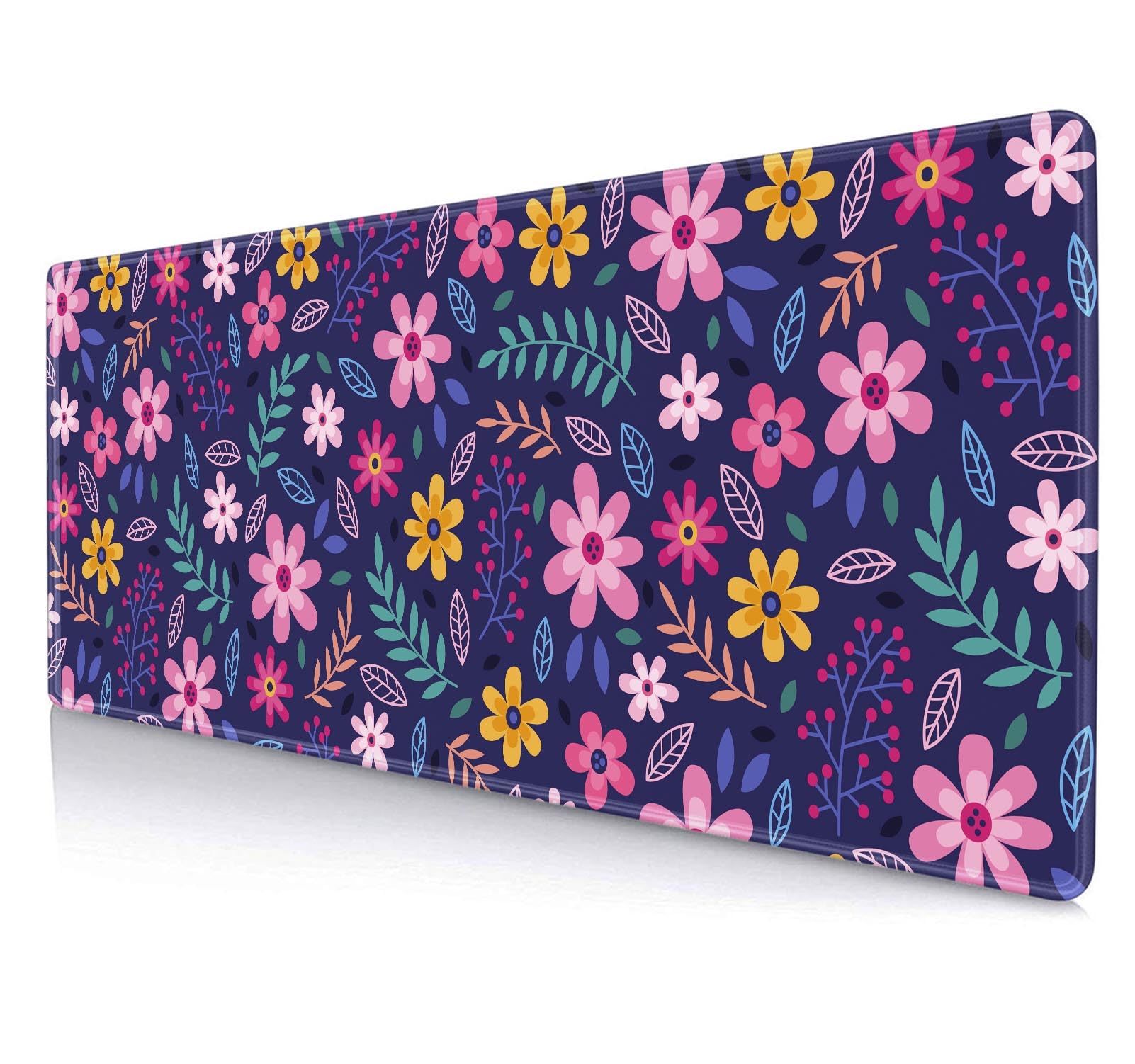 Purple Pink Flowers Desk Mat, Daisy Floral Large Mouse Pad, Non Slip Rubber Base Stitched Edge Gaming Pc Desktop Extended Mice Pad for Computer,