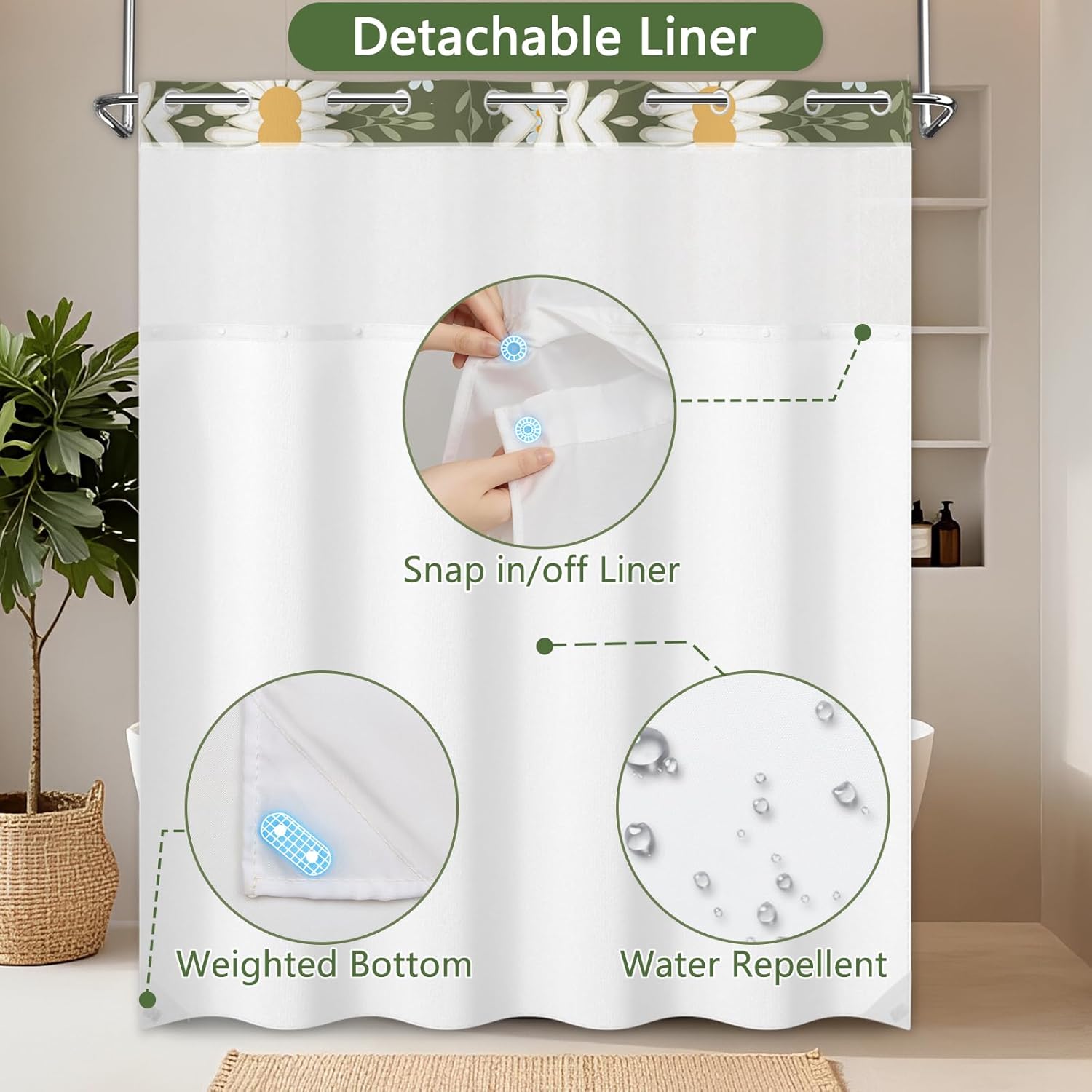 Spring Shower Curtain with Snap in Liner and Weighted Hem, Double Layer Waterproof Fabric Shower Curtain with Sheer Top Window, Farmhouse Daisy Floral No Hook Shower Curtains for Bathroom, 71x74 Inch
