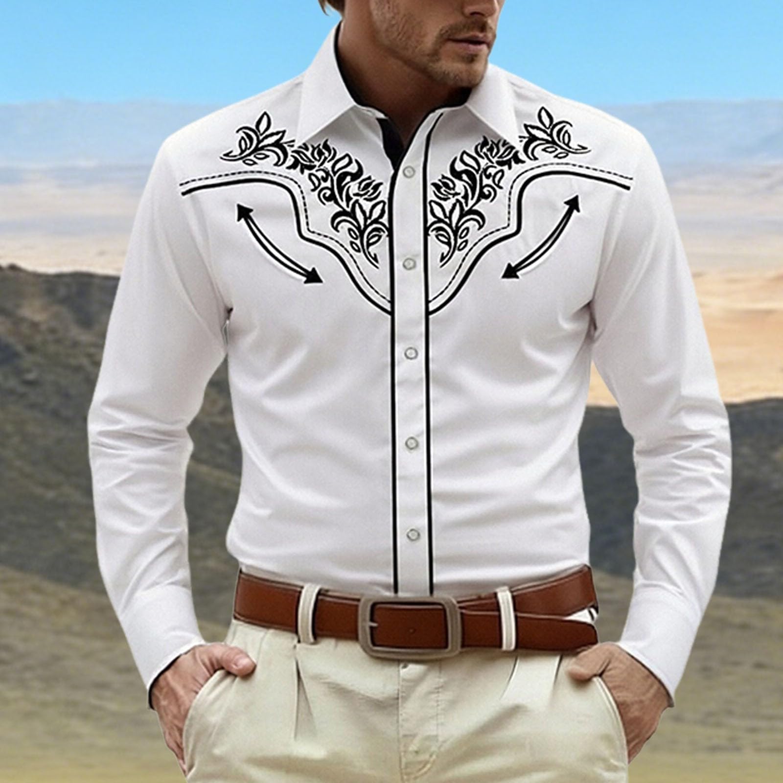 Costume de cowboy hippie 2026, chemise western robuste avec imprimé cowboy, manches longues, boutonnière, haut décontracté pour les activités de plein air