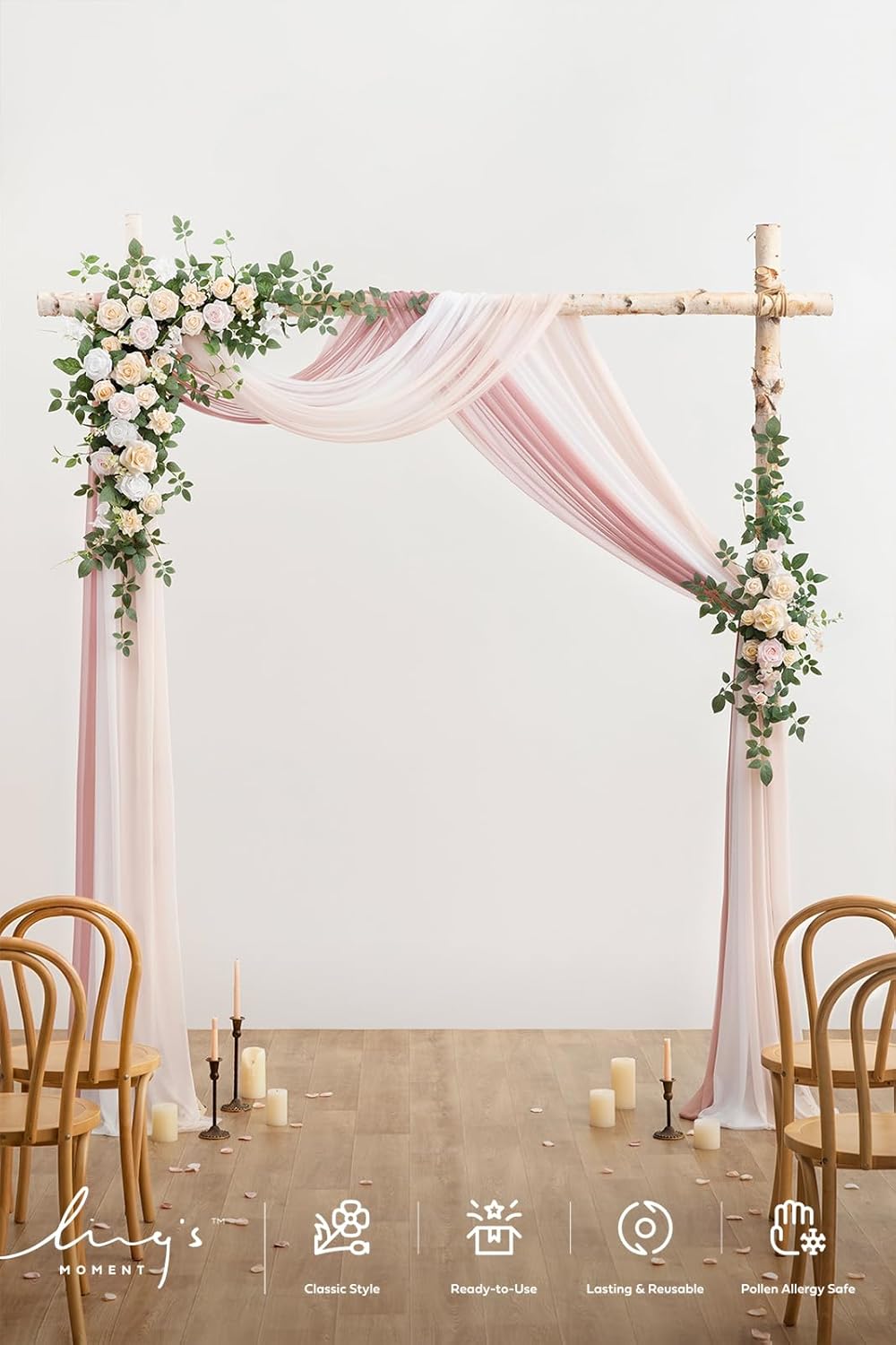 ling's moment wedding arch flowers with drapes kit-pack of 5, 2pcs flower arrangements 3pcs sheer hanging drapes white ceremony arbor backdrop artificial rose floral decorations, blush cream pk-blush cream
