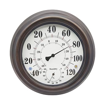 8" in Diameter Round Indoor Outdoor Mechanical Thermometer Wireless Premium Steel Wall Hygrometer for Patio, or Decorative No Battery Required