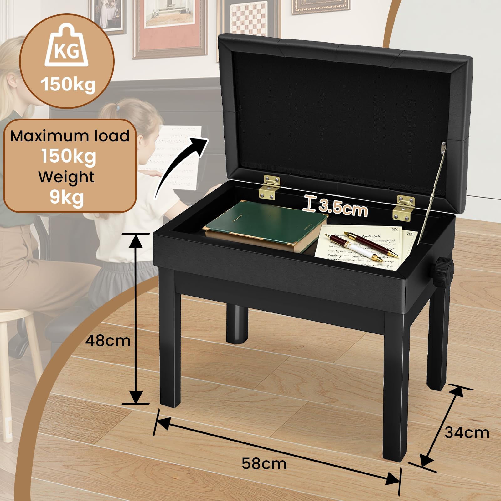 Clevich Klavierhocker Höhenverstellbar 48-58CM, Pianobank mit Stauraum 57.5 * 35.5 * 48cm, Klavierbank mit PU Lederkissen, Klavierstuhl Heavy Duty, Tastatur Piano Bench bis 150KG Belastbar, Schwarz