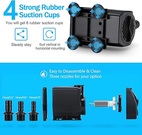 Fountain Pump, 880GPH Submersible Water Pump, Durable 60W Outdoor Fountain Water Pump with 6.5ft Power Cord, 3 Nozzles for Aquarium, Pond, Fish Tank, Water Pump Hydroponics, Backyard Fountain