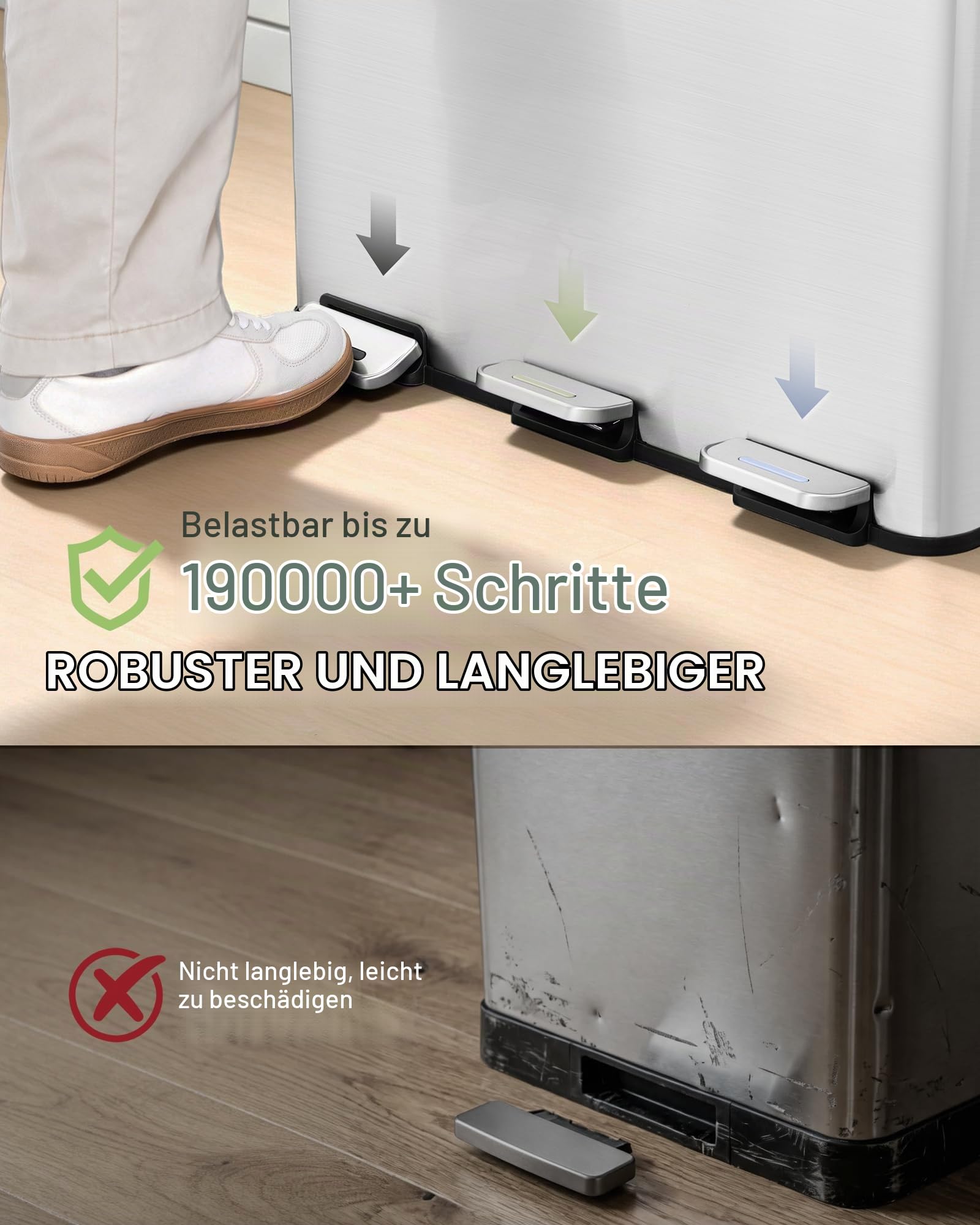 Hzuaneri Mülleimer Küche, 3 x 18 L, Mülltrennsystem 3 Fächer, Mülleimer mit Farbigem Soft-Close-Deckel und Pedal, Küchenabfalleimer mit Inneneimer, Stahl, inklusive 15 Müllbeuteln, Silber SW31899E
