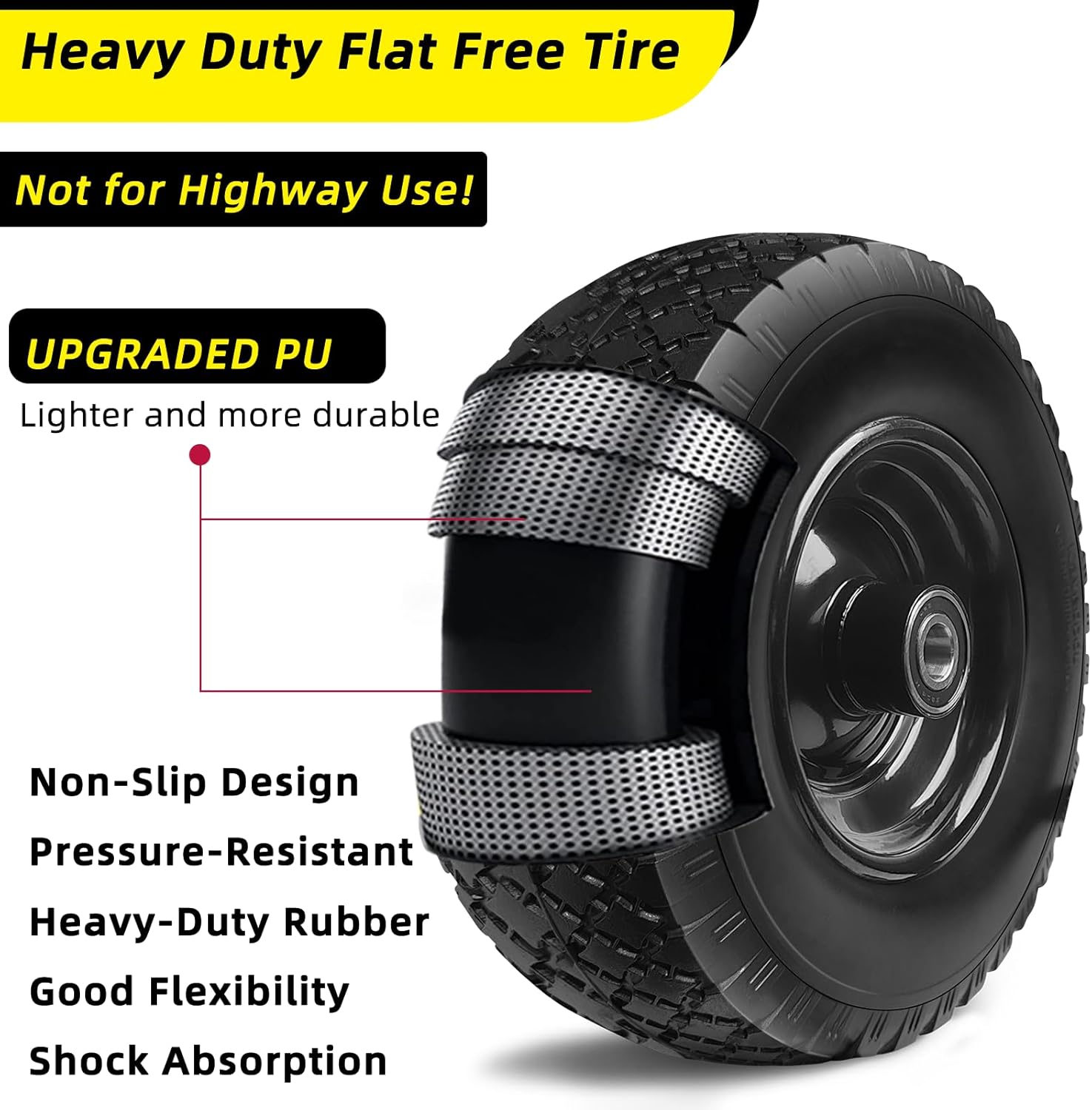 12'' Flat Free Tires Rubber Replacement Solid Tire, 2.1" Offset Hub Wheel Assemblies for Garden Cart Wheelbarrow, 3.5" Wide Polyurethane Tires with 5/8 Inch Axle Bore Hole (410/350-6)