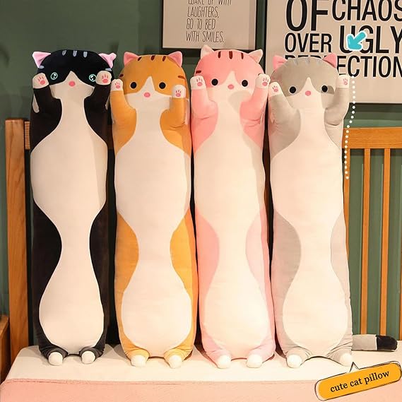 Long Cat Plush Pillow Soft Cat Hugging Pillow Stuffed Animal Pillow Cute Kitty Sleeping Throw Pillow Gift for Kids(50cm/19.68inch,Black