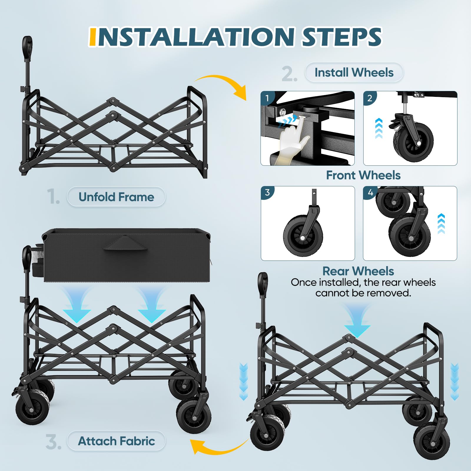 Carrello da giardino pieghevole da 100L con ruote larghe rimovibili, carrello da campeggio portatile, carrello pieghevole per spiaggia, giardino, picnic, shopping, pesca, manico regolabile, nero