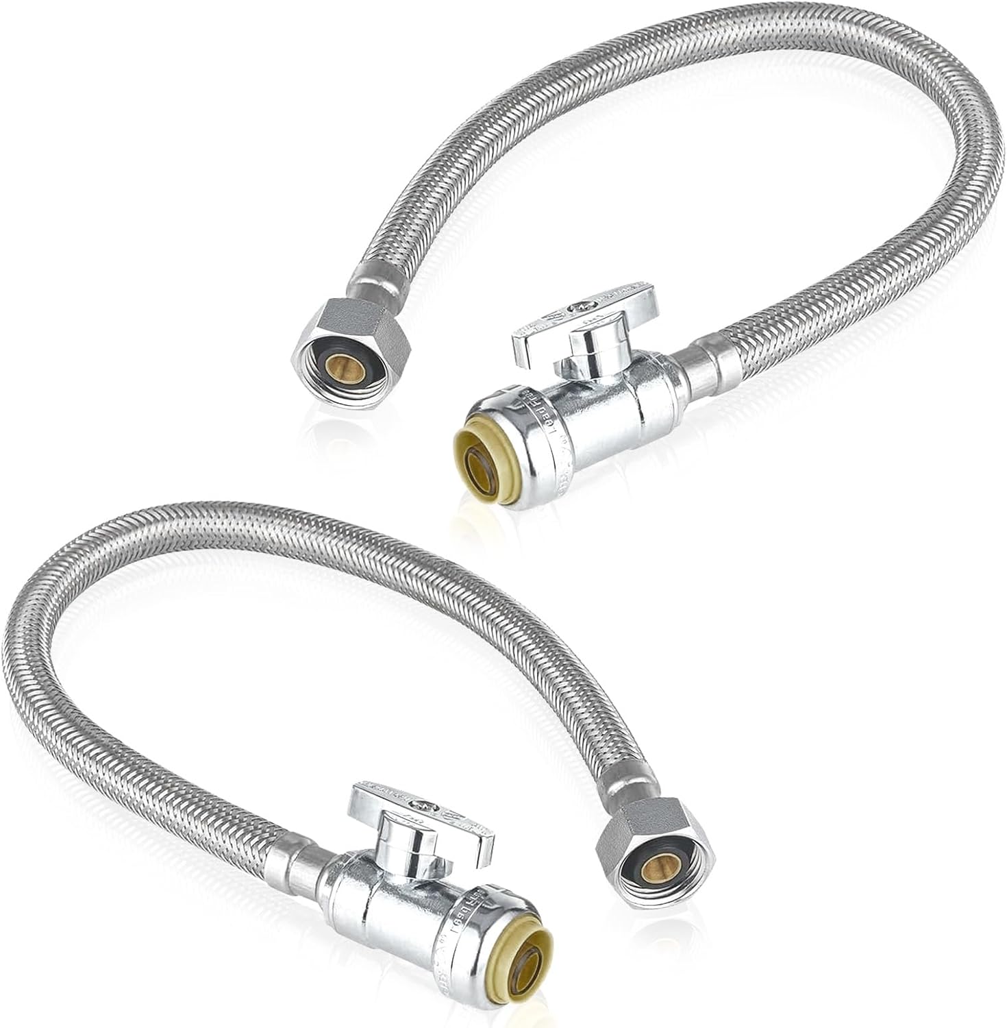 2-Pack GUOFIS Stainless Steel Braided Flexible Faucet Connector,1/2" Nominal Push-fit Straight Stop Valve x 1/2" FIP, 18-Inch Length Faucet Supply Line Hose(HOSE056-2Pack)