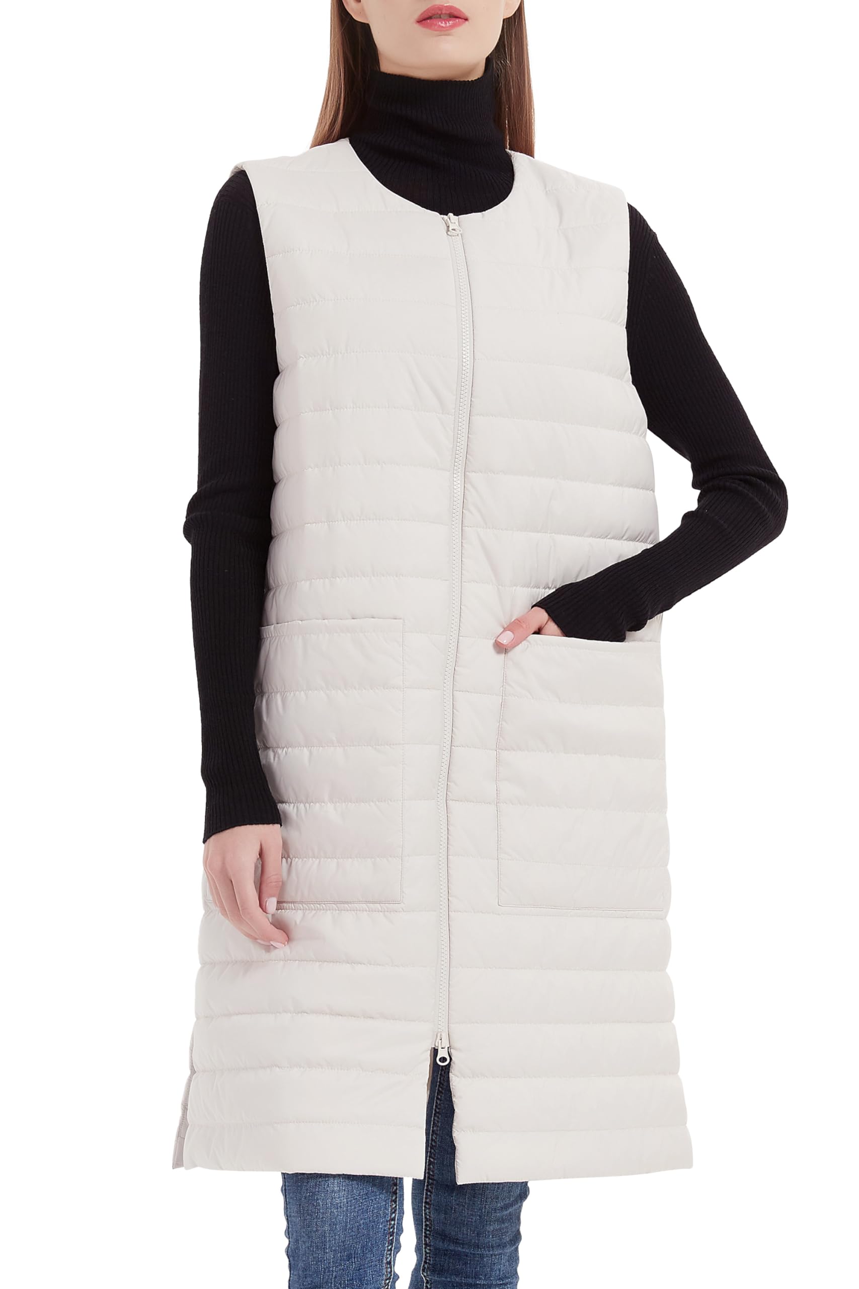 Women Long Puffer Vest Down Quilted Lightweight Sleeveless Jacket with Pockets