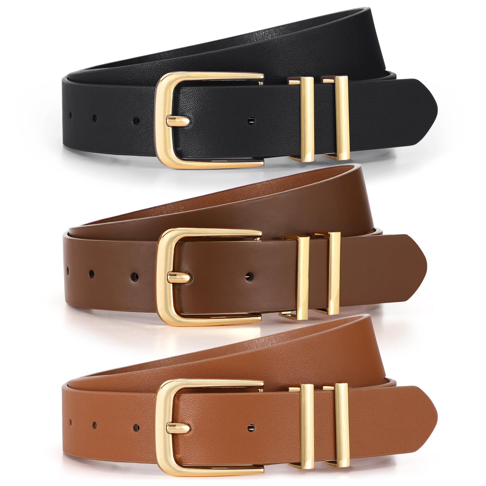 3 Pack Womens Belts for Jeans Pants Dresses Fashion Ladies Leather Waist Belt with Buckle Leather Belts